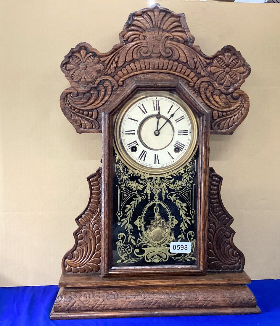 VINTAGE OAK MANTLE CLOCK BY INGRHAM : HAS KEY & PENDULUM 21 3/4" TALL USED CONDITION