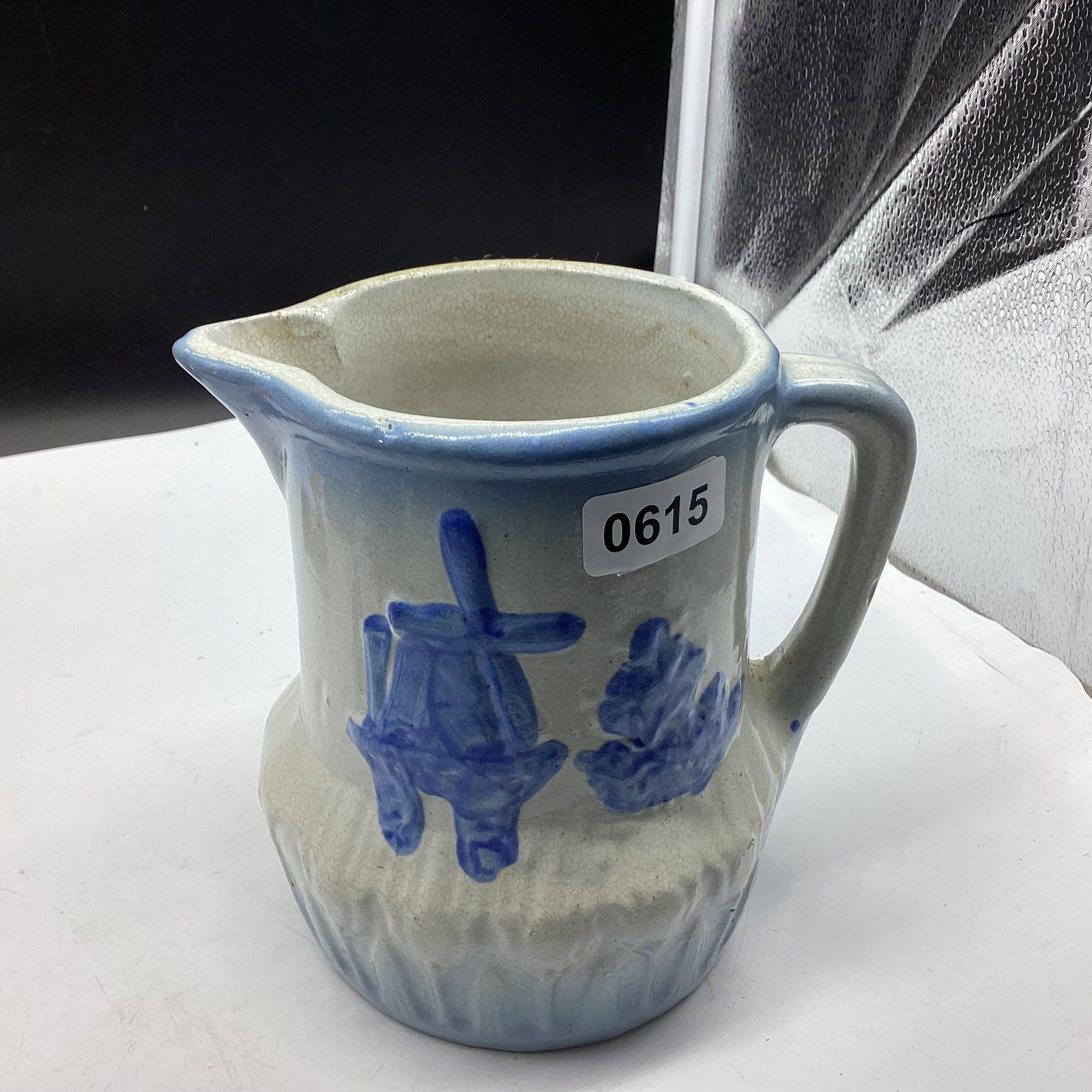 VINTAGE BLUE & WHITE STONEWARE WINDMILL & BUSH PITCHER - 2