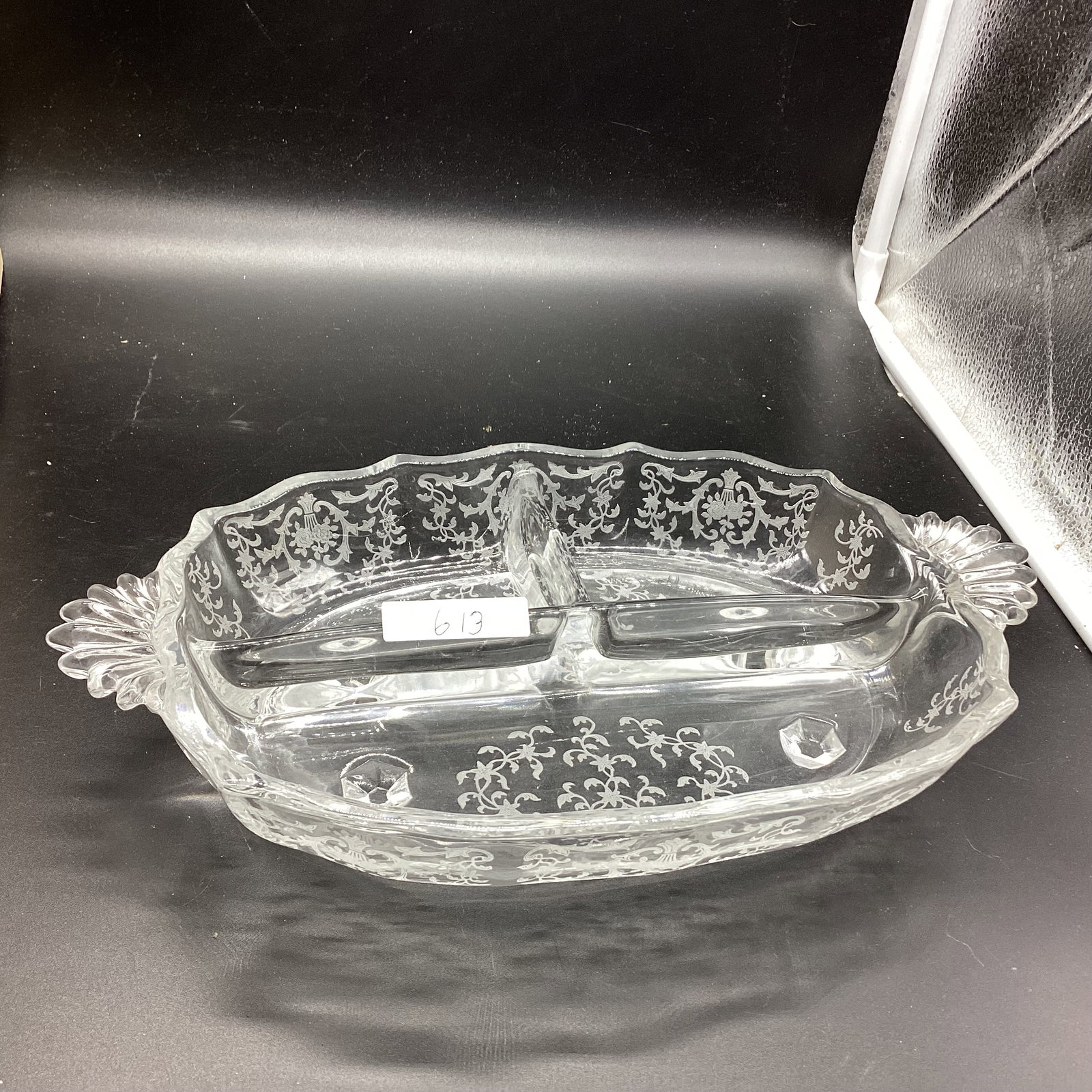 CAMBRIDGE ROSE POINT 3 PART RELISH DISH: 7 1/2 X 12 GOOD SHAPE