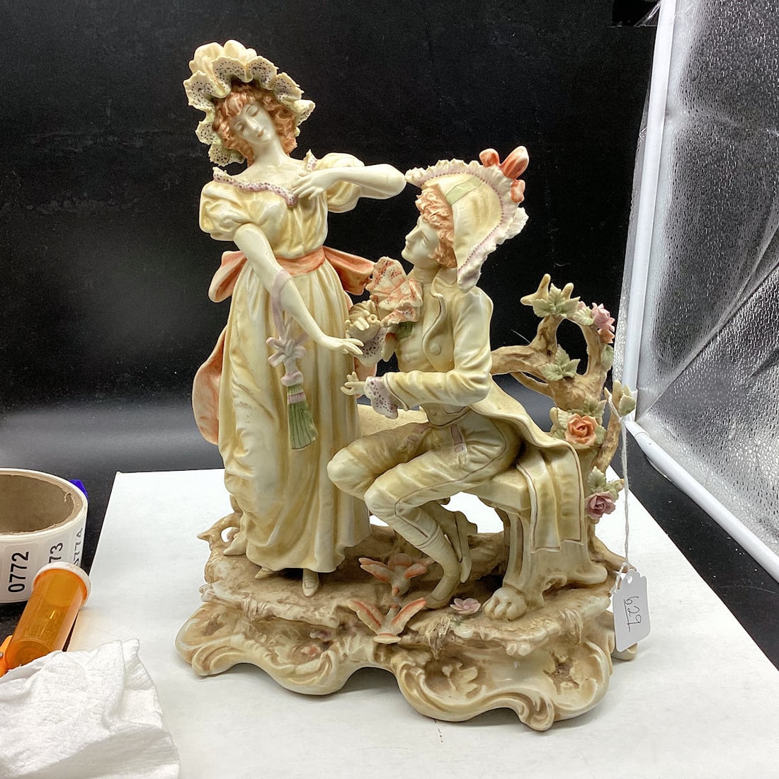 VINTAGE BISQUE PORCELIAN FIGURINE WEDDING PROPOSAL FIGURINE BY KPM: 12 1/2" T X 9 1/2" W GOOD SHAPE