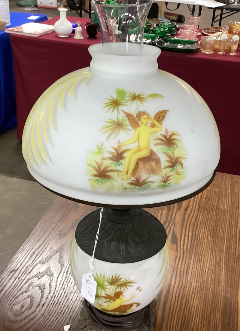 HAND PAINTED GONE W/WIND LAMP W/MATCHING SHADE: 21" TALL GOOD SHAPE