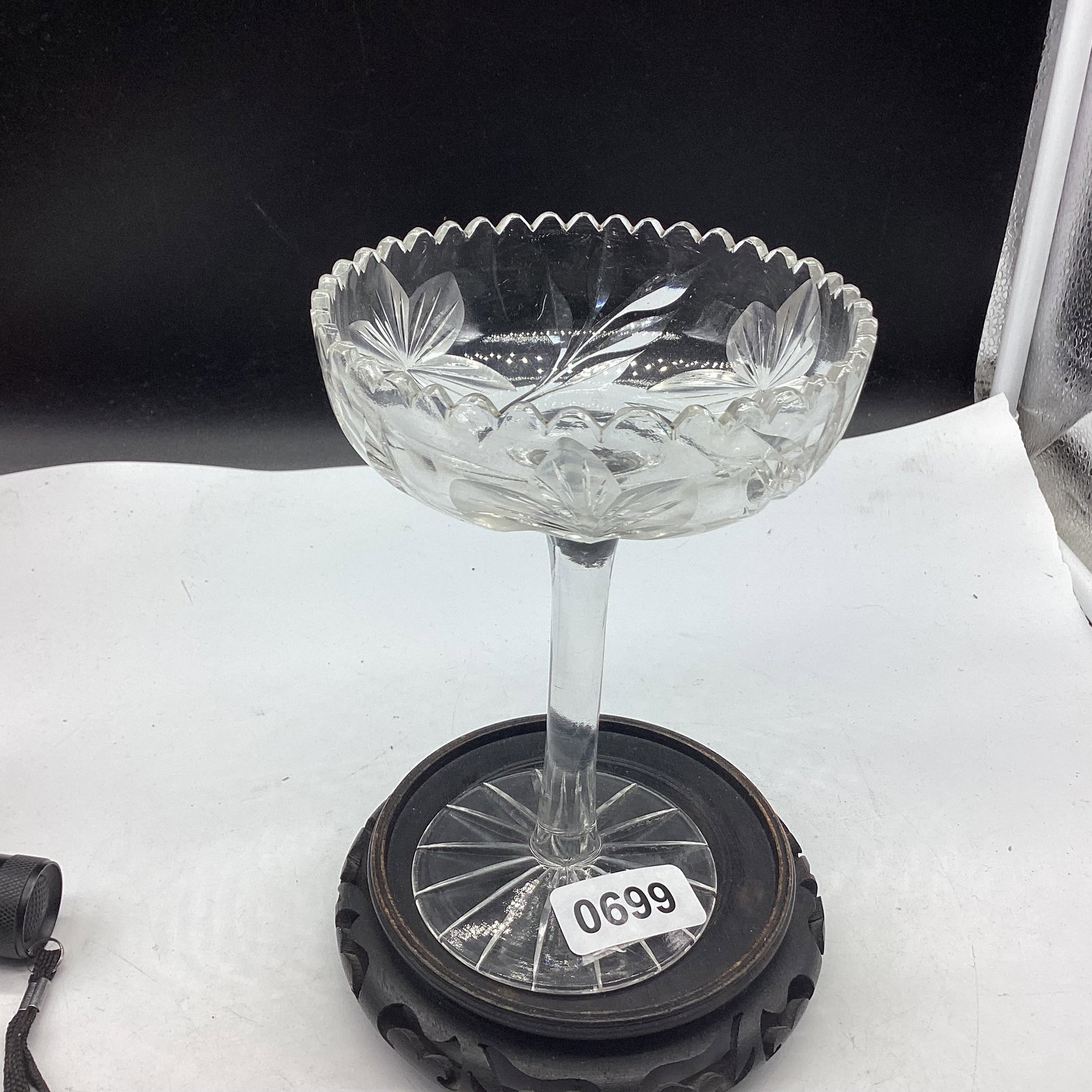 FLOWER CUT GLASS COMPOTE: 6 1/2" T X 4 1/2" W GOOD SHAPE