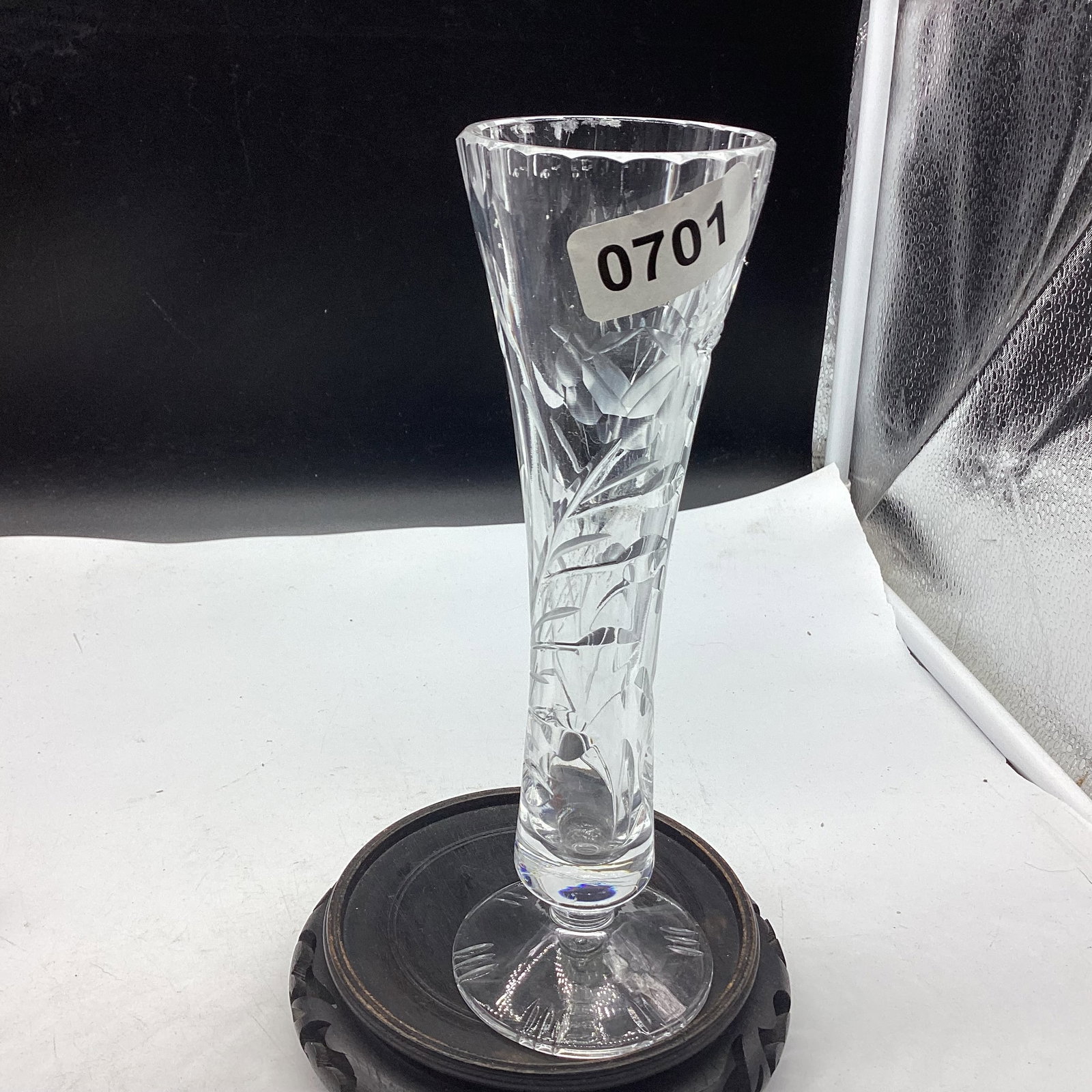 CUT GLASS BUD VASE: 8" TALL GOOD SHAPE