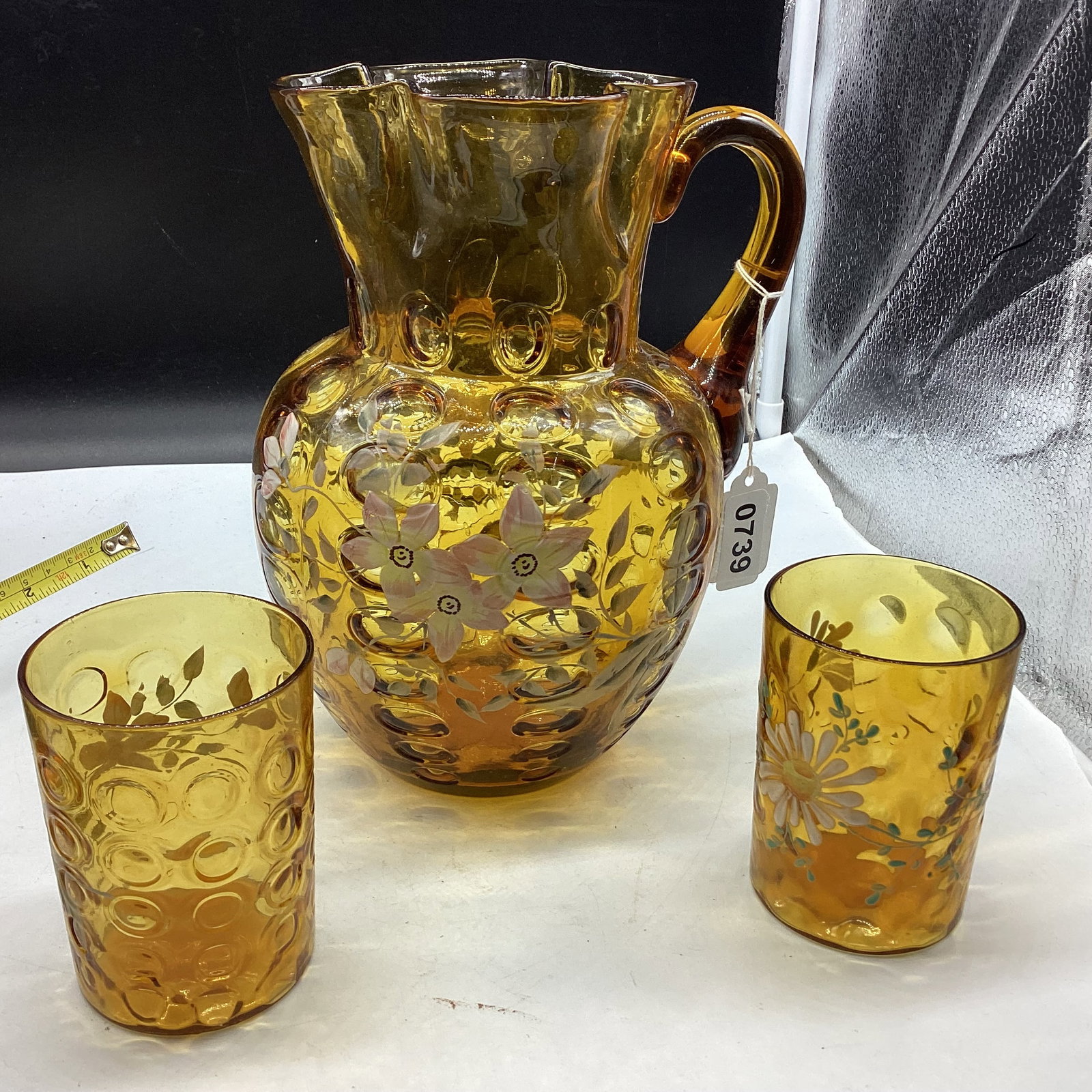 VICTORIAN HAND PAINTED ENAMEL PITCHER AND 2 GLASSES: 9" TALL GLASSES 3 3/4 GOOD SHAPE