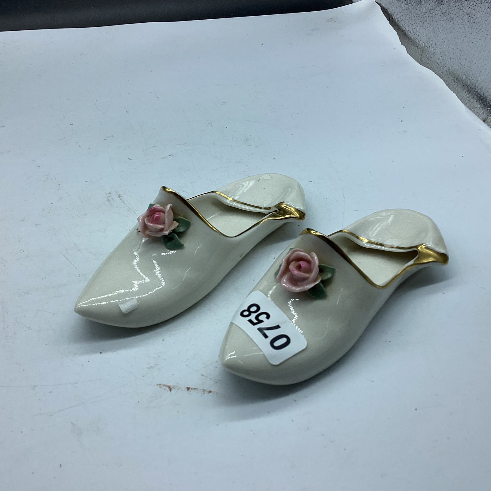 PAIR OF PORCELIAN SHOES BY DRESDEN: 5 1/2" WIDE GOOD SHAPE