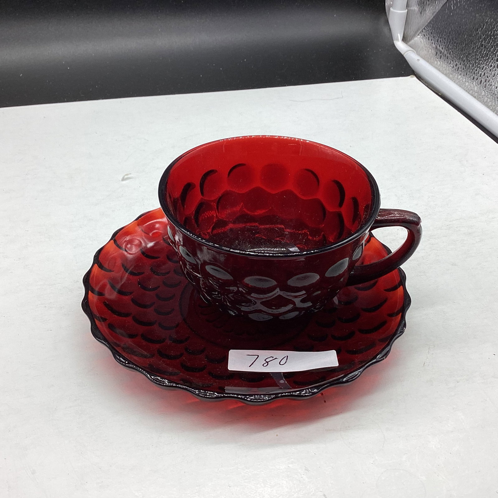 DEPRESSION RED BUBBLE CUP & SAUCER: GOOD SHAPE