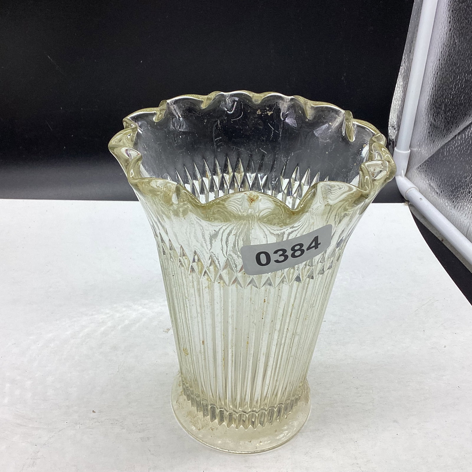 DEPRESSION ANNIVERSARY PATTERN VASE: 6 1/2" TALL GOOD SHAPE