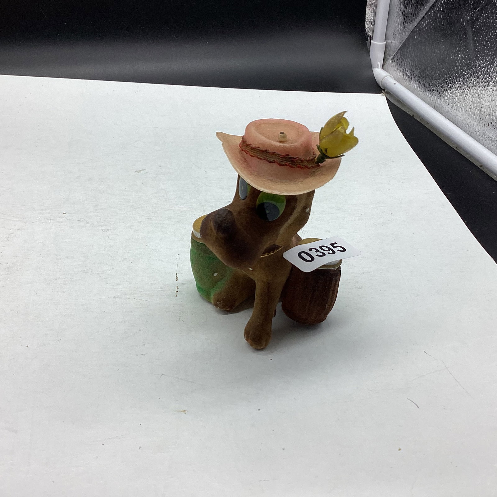 VINTAGE DOG FIGURINE W/SALT & PEPPER ON EACH SIDE: 4 3/4 TALL GOOD SHAPE