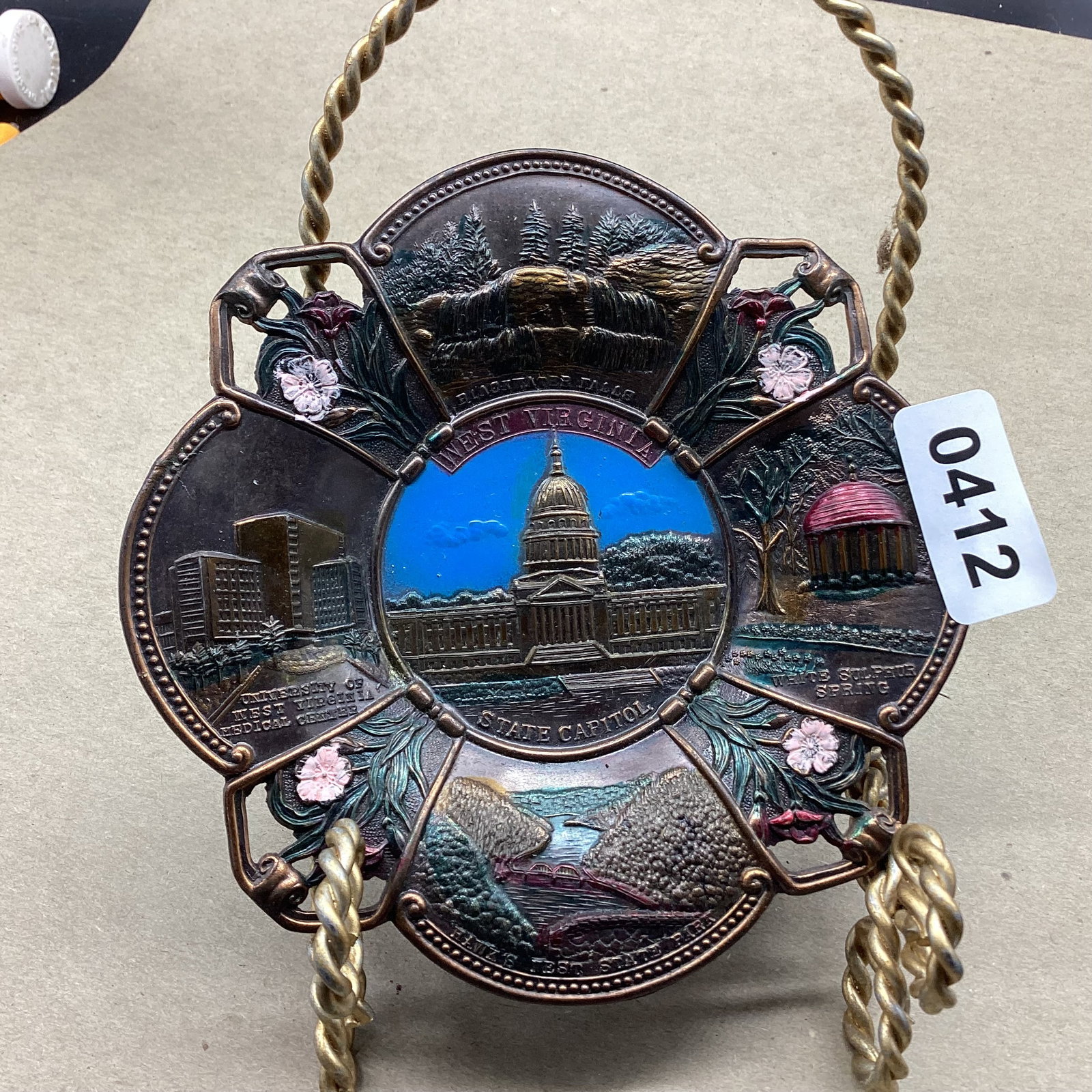HAND PAINTED TIN TRAY OF WEST VIRGINA STATE CAPITAL MADE IN JAPAN: 5 1/2" GOOD SHAPE
