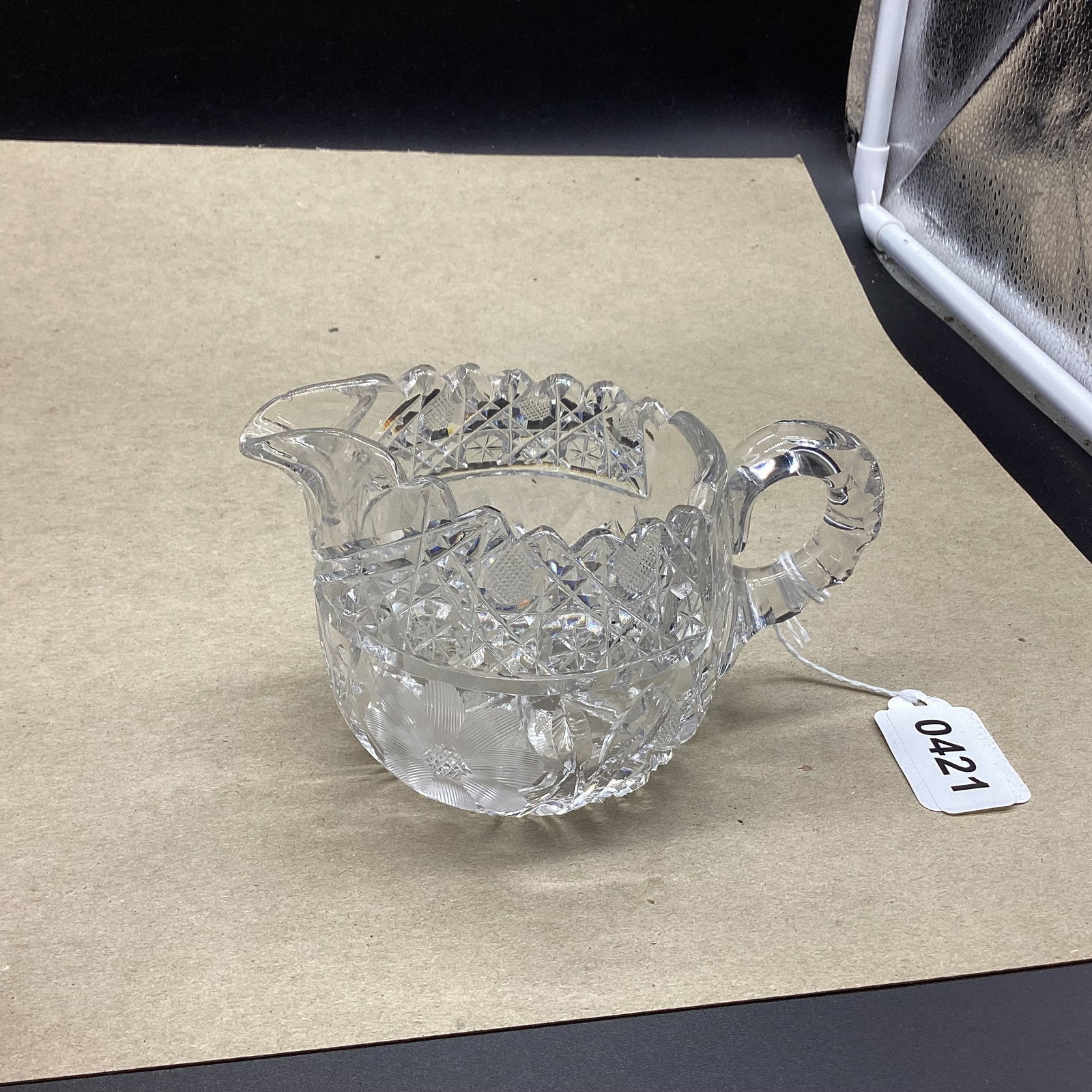 VINTAGE FLOWER CUT GLASS CREAMER: GOOD SHAPE