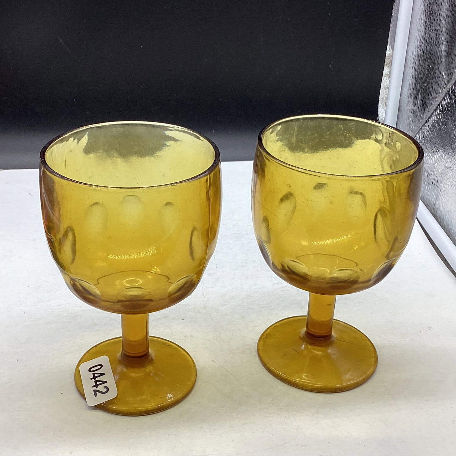 2 AMBER BUTTER MILK GOBLETS: 6 1/4" TALL GOOD SHAPE