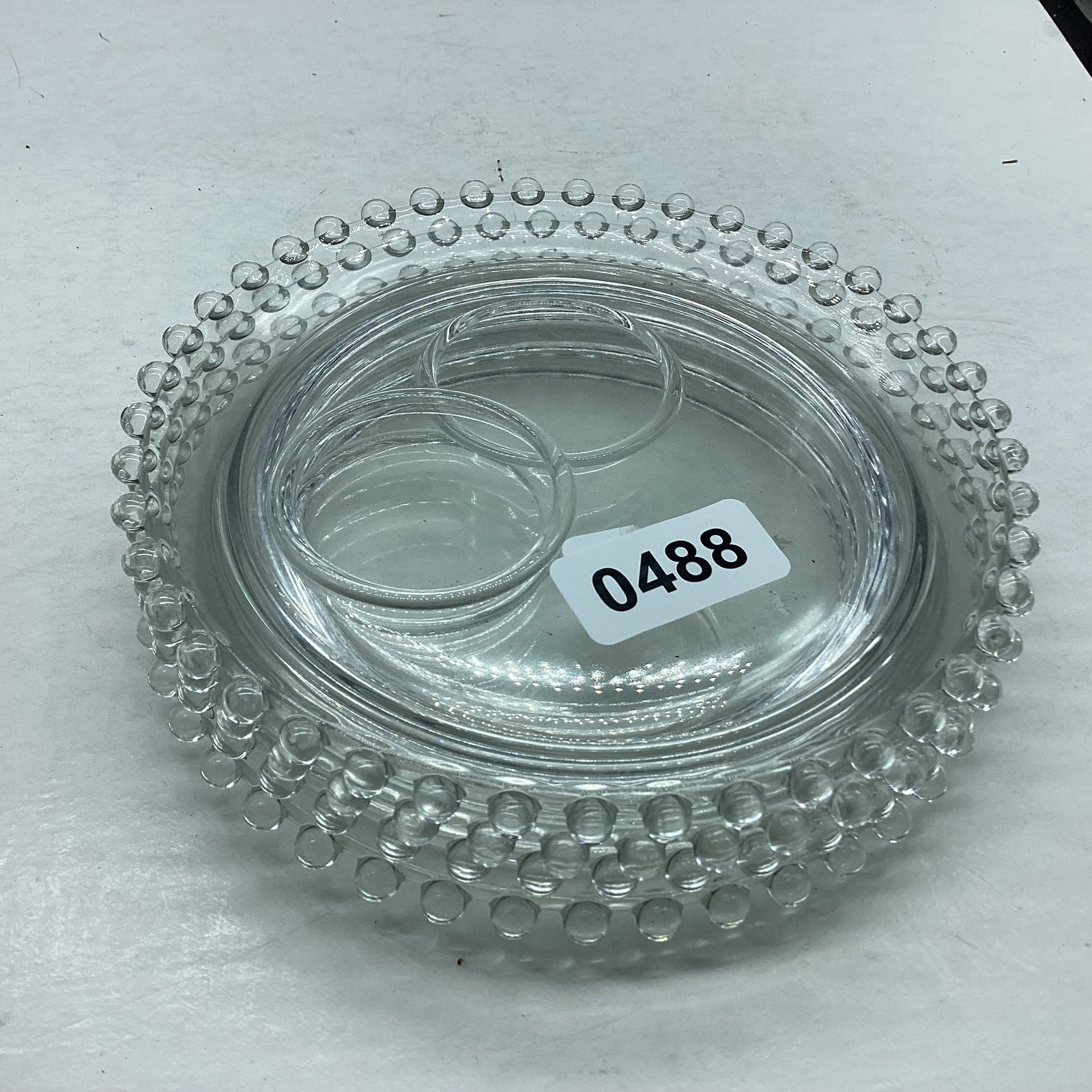 4 IMPERIAL CANDLEWICK OFF CENTER PLATES: 6 1/4" W GOOD SHAPE