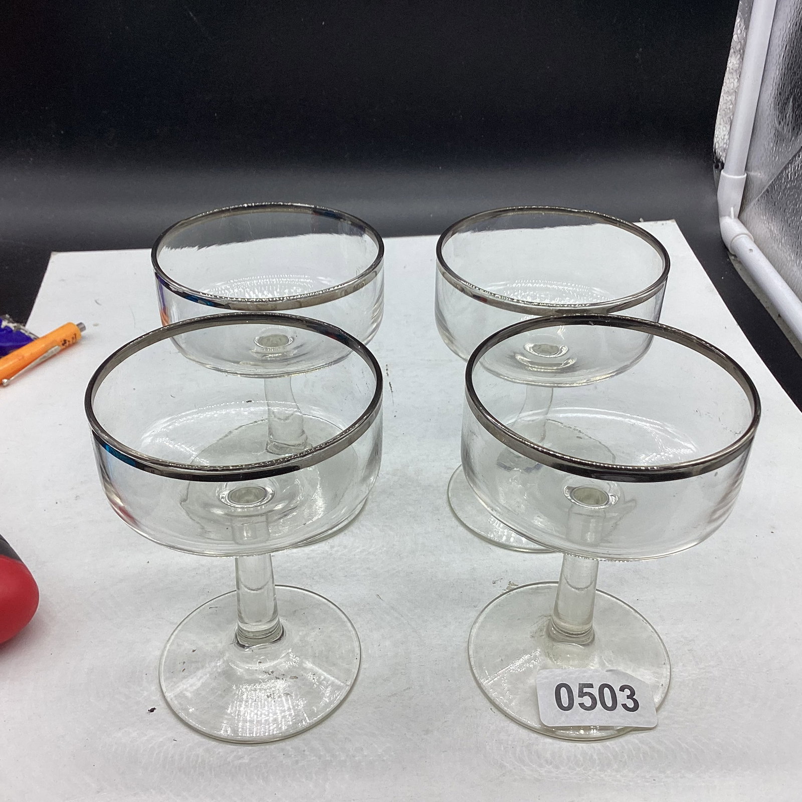 4 SILVER TRIM SHERBERTS: 4 1/2'' TALL GOOD SHAPE