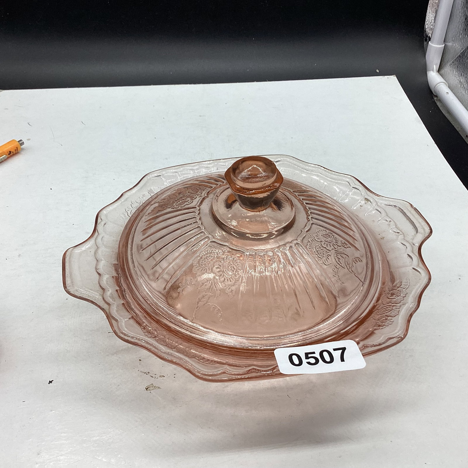 DEPRESSION MAYFAIR OR OPEN ROSE BUTTER DISH: LITTLE RUFFLENESS ON ONE HANDLE