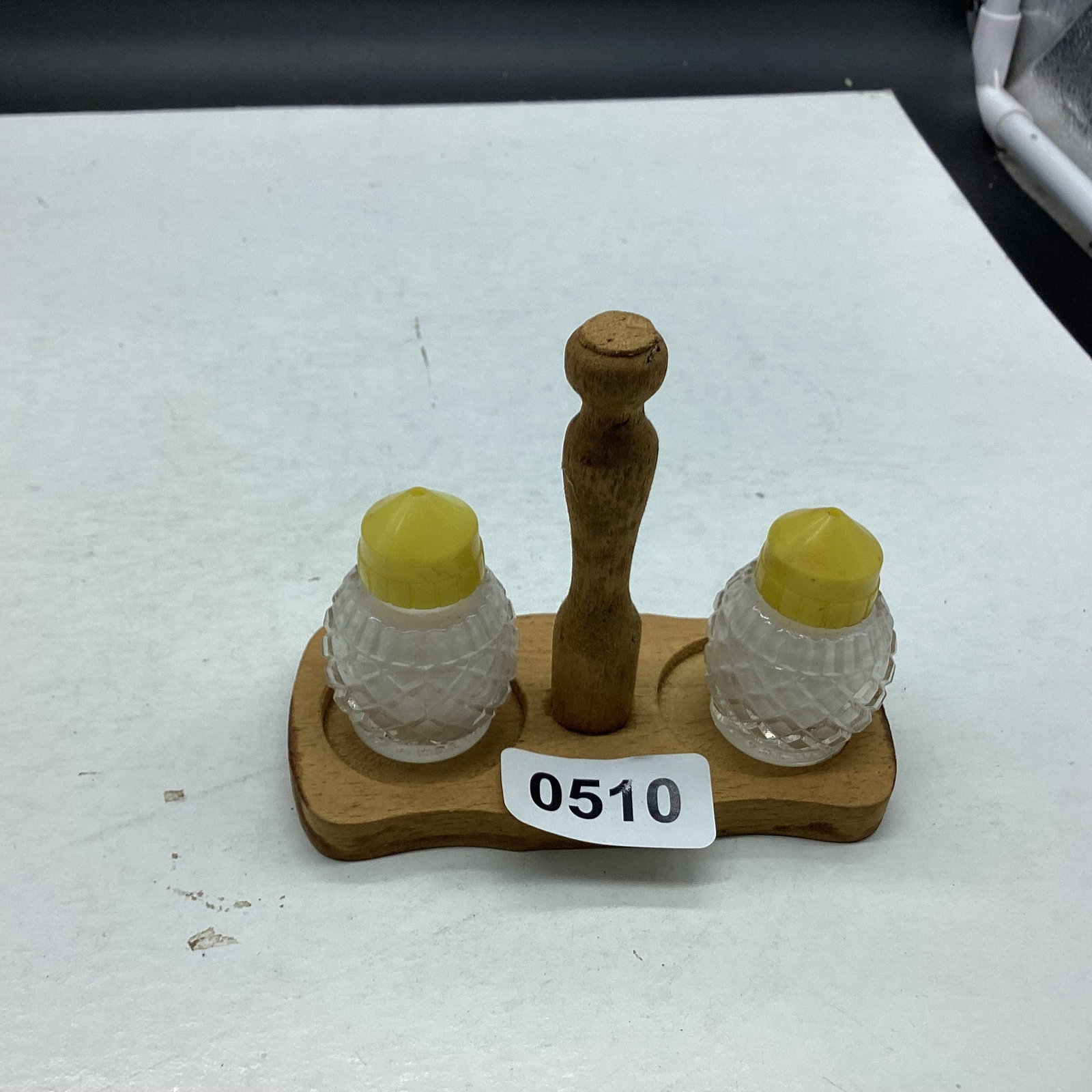 GLASS SALT & PEPPER ON WOOD STAND MADE IN USA: GOOD SHAPE
