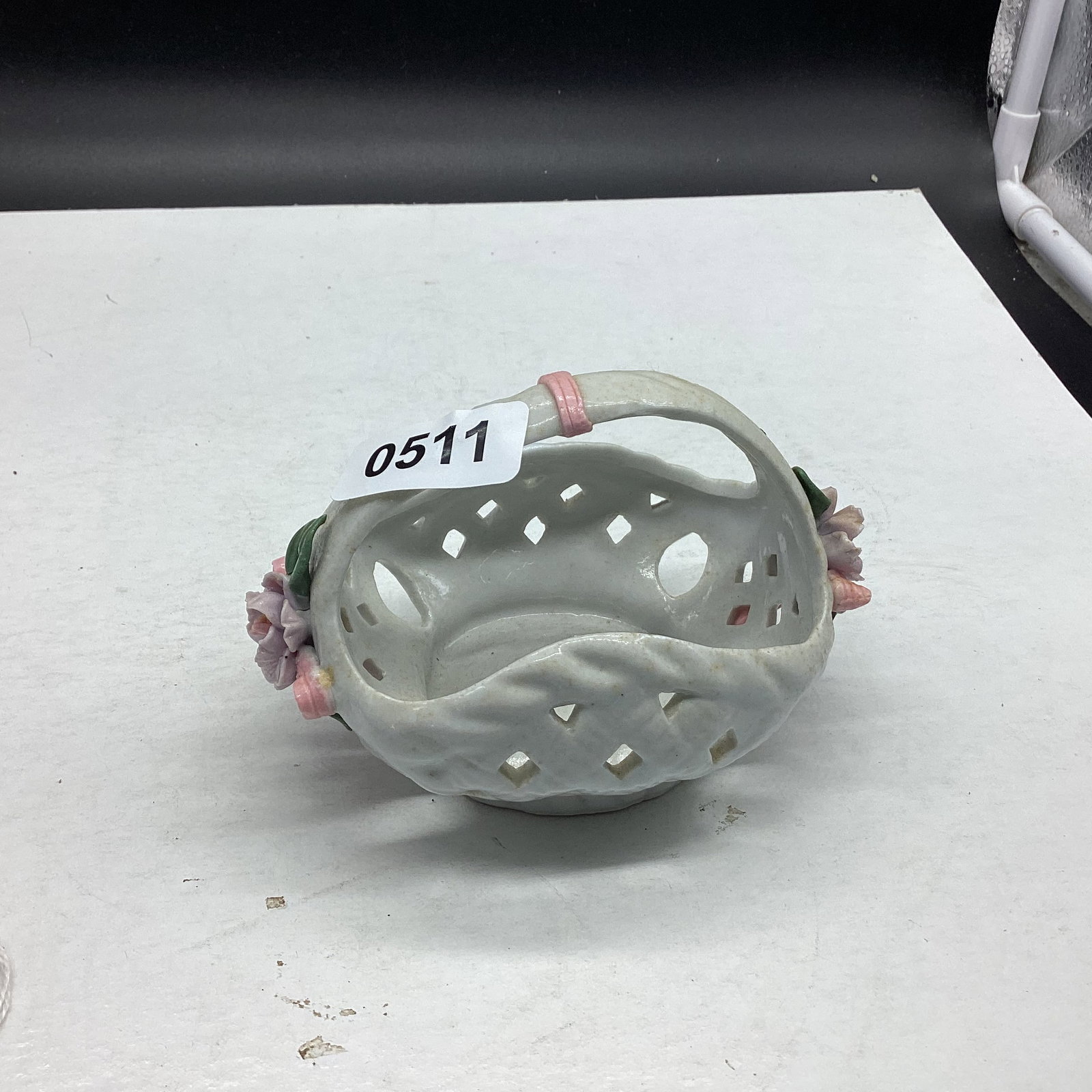 PORCELIAN BASKET W/APPLIED FLOWERS ON EACH END: 4 X 5 1/2 GOOD SHAPE