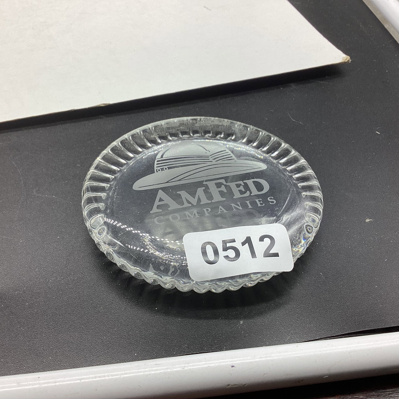 GLASS PAPER WEIGHT BY AMFED COMPAINES: 3 3/4 WIDE GOOD SHAPE