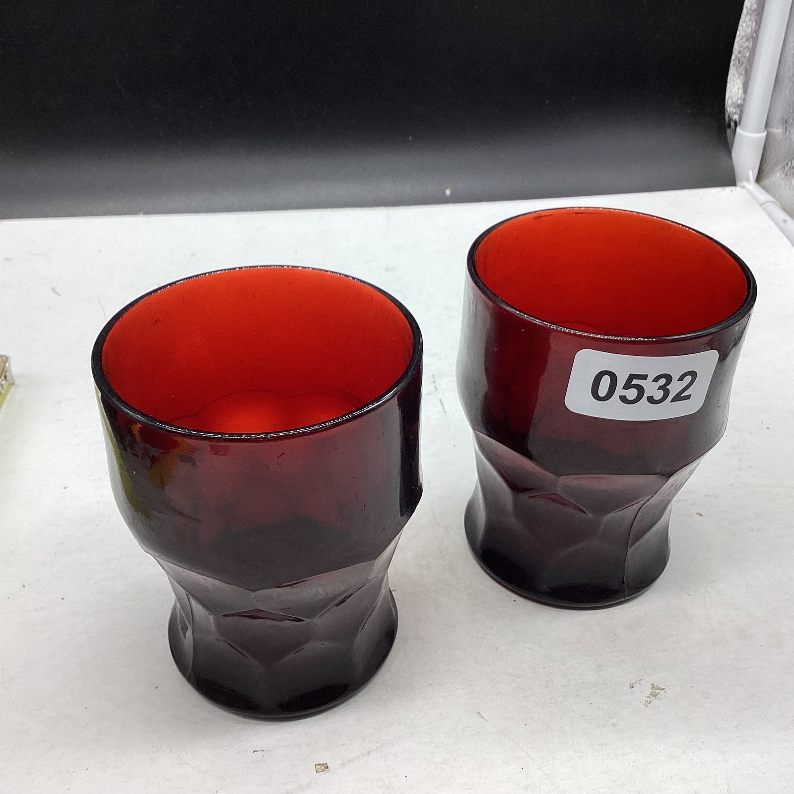 2 DEPRESSION GEORGIAN PATTERN RUBY RED TUMBLERS: 4" TALL GOOD SHAPE
