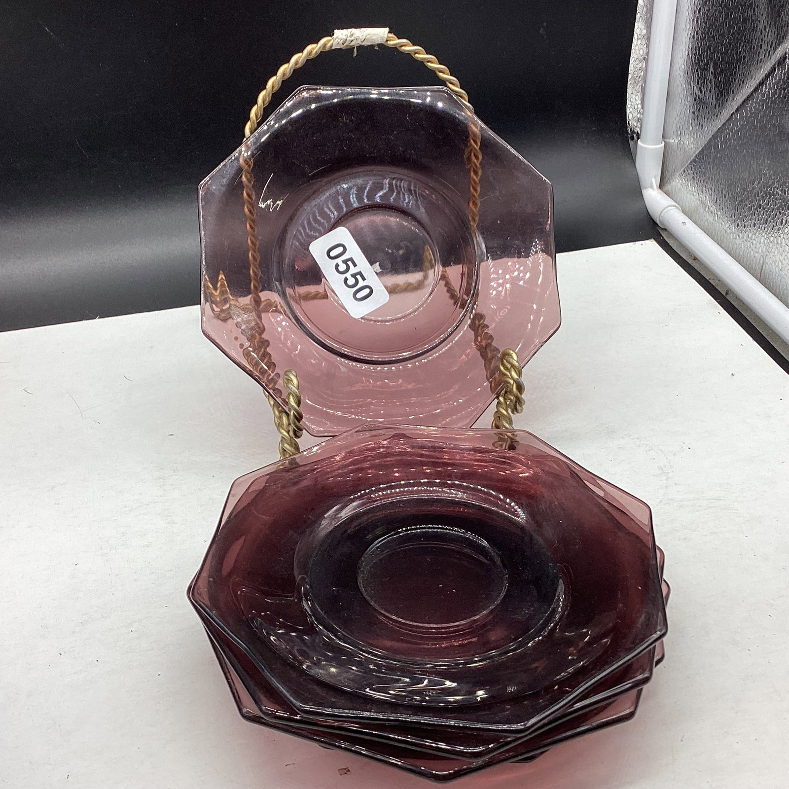 5 HAZEL ATLAS MOROCCAN AMETHYST GLASS SAUCERS: GOOD SHAPE