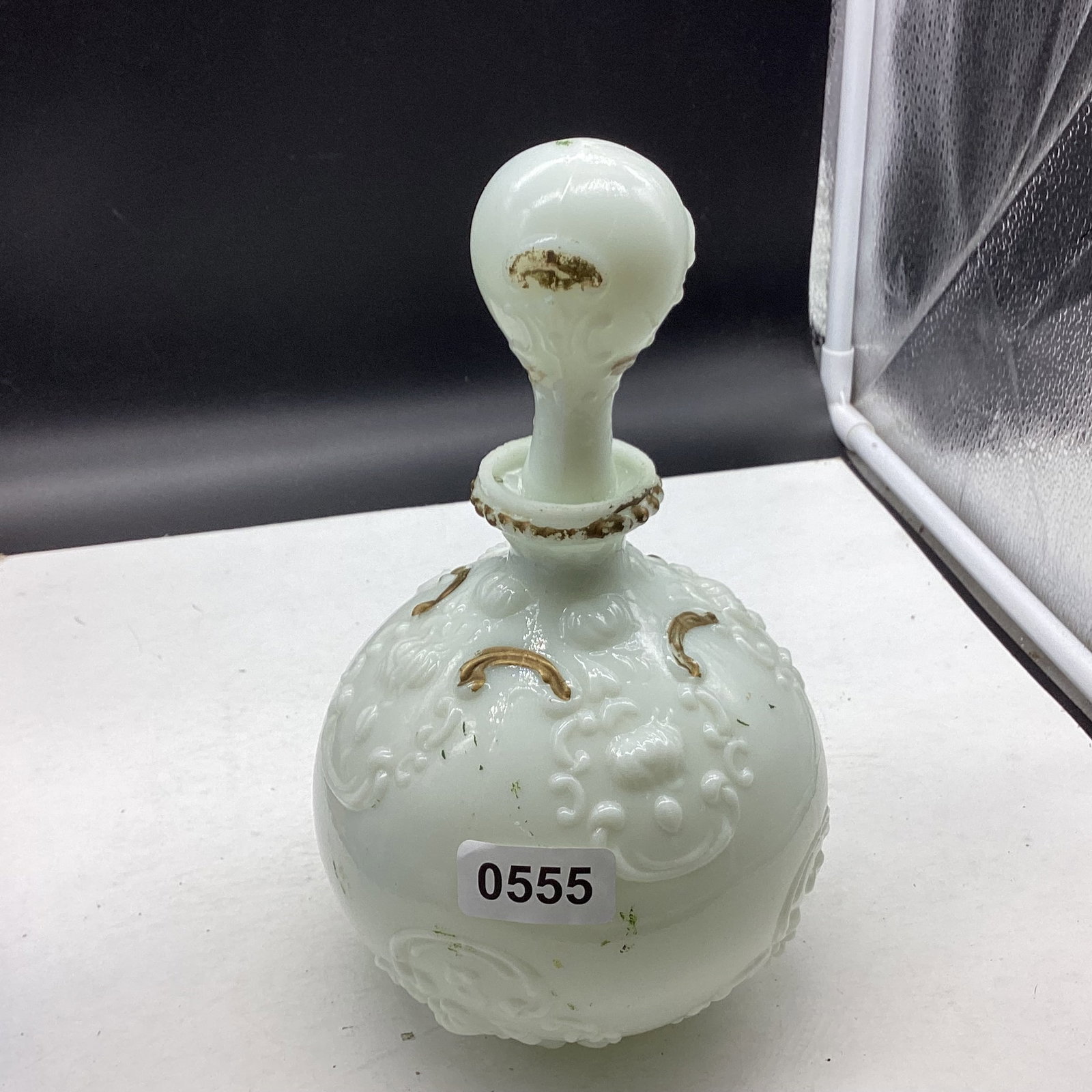 VINTAGE MILK GLASS DECANTER: 9 1/2" TALL GOOD SHAPE