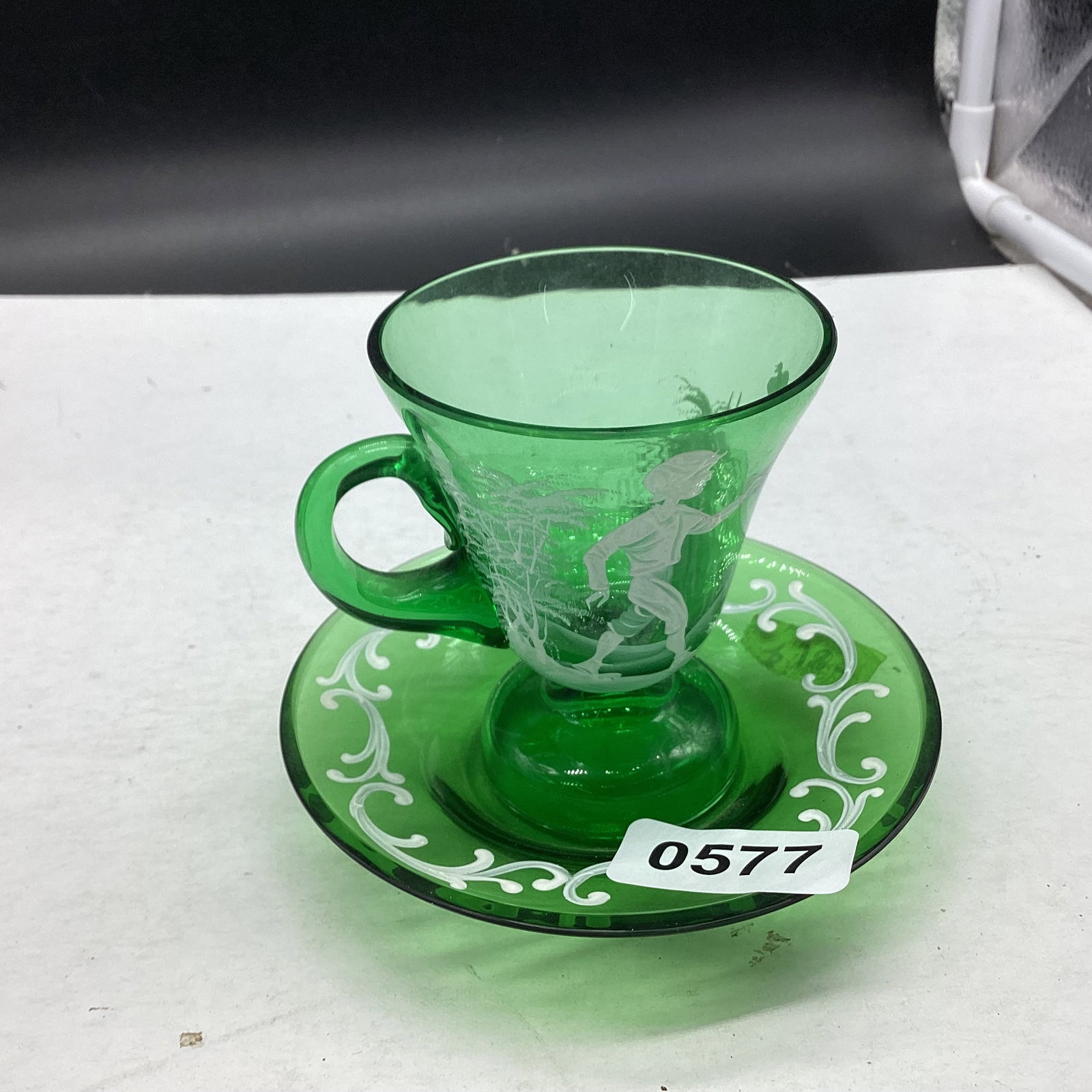 VINTAGE GREEN ENAMELED PAINTED CUP & SAUCER: GOOD SHAPE