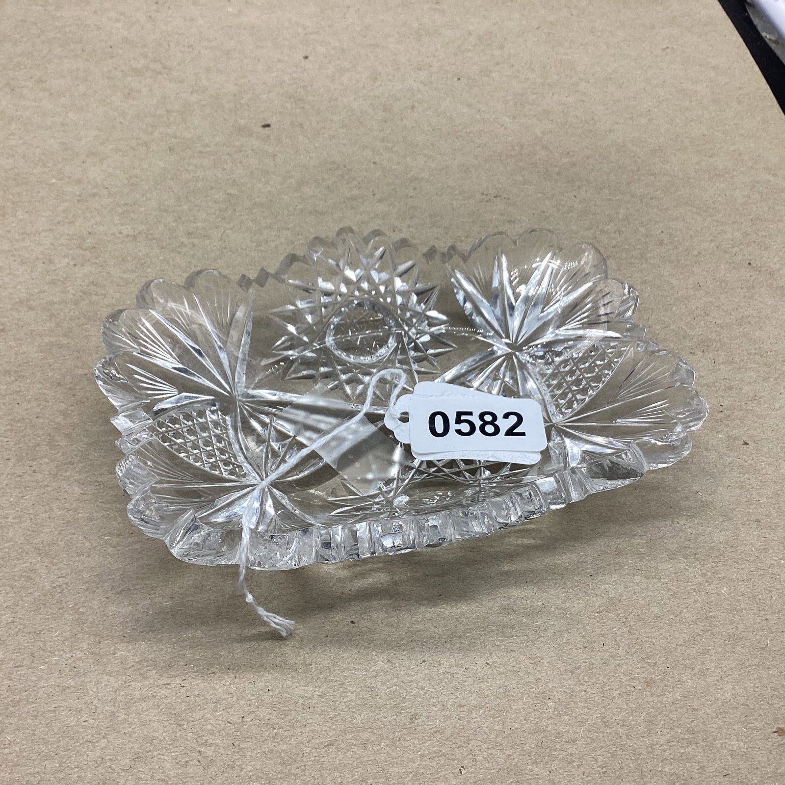 CUT GLASS SMALL PIN DISH: 4 1/2 X 6 1/2 GOOD SHAPE