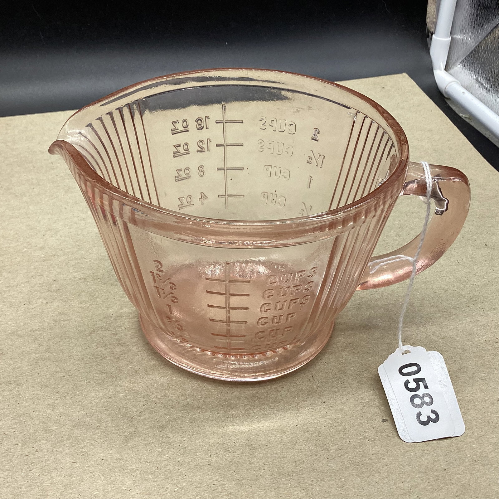 PINK DEPRESSION MEASURING CUP: 4 X 5 1/4 GOOD SHAPE