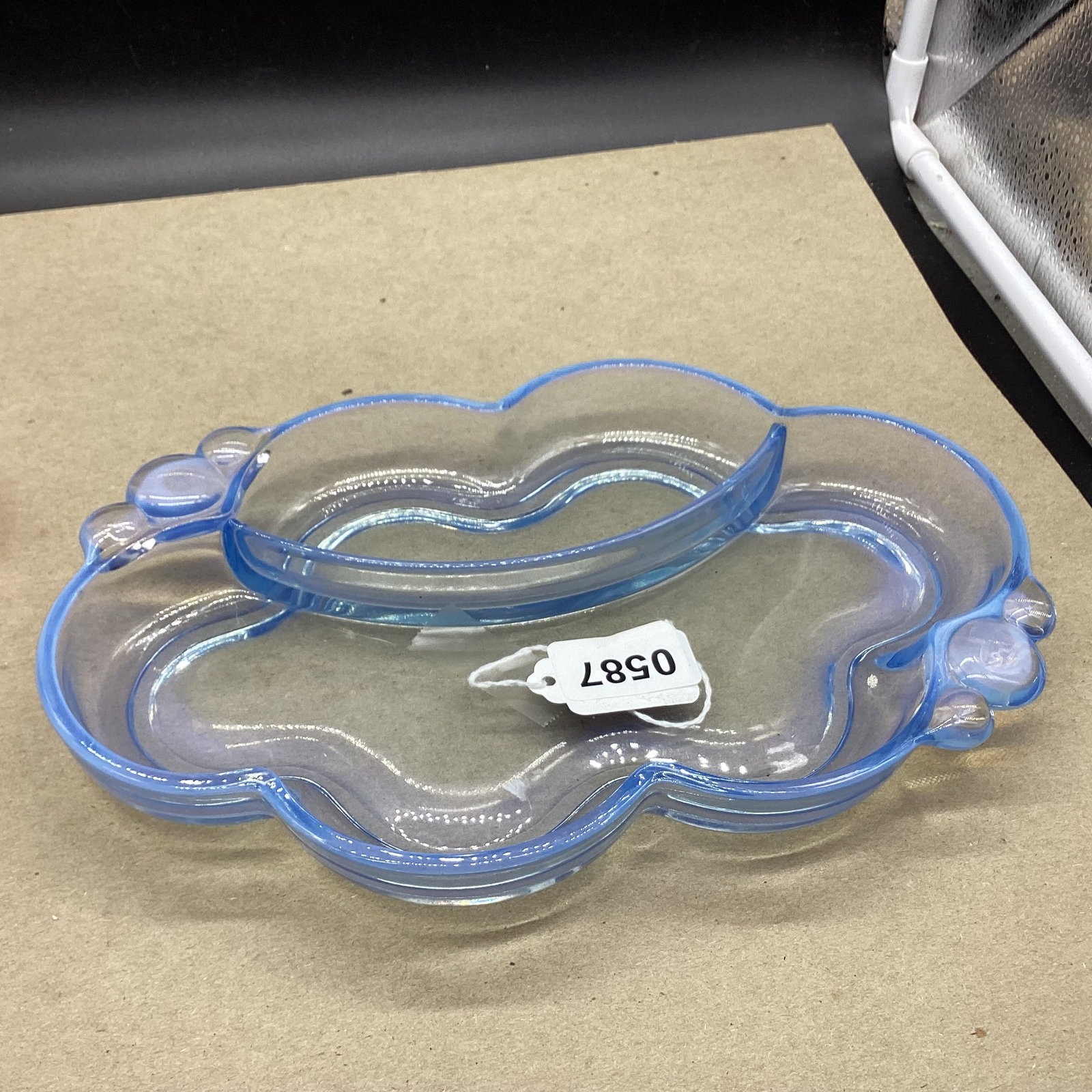 CANTERBURY BLUE OPALESCENT DIVIDED RELILSH DISH BY DUNCAN & MILLER: 8 3/4 X 10 1/4 GOOD SHAPE