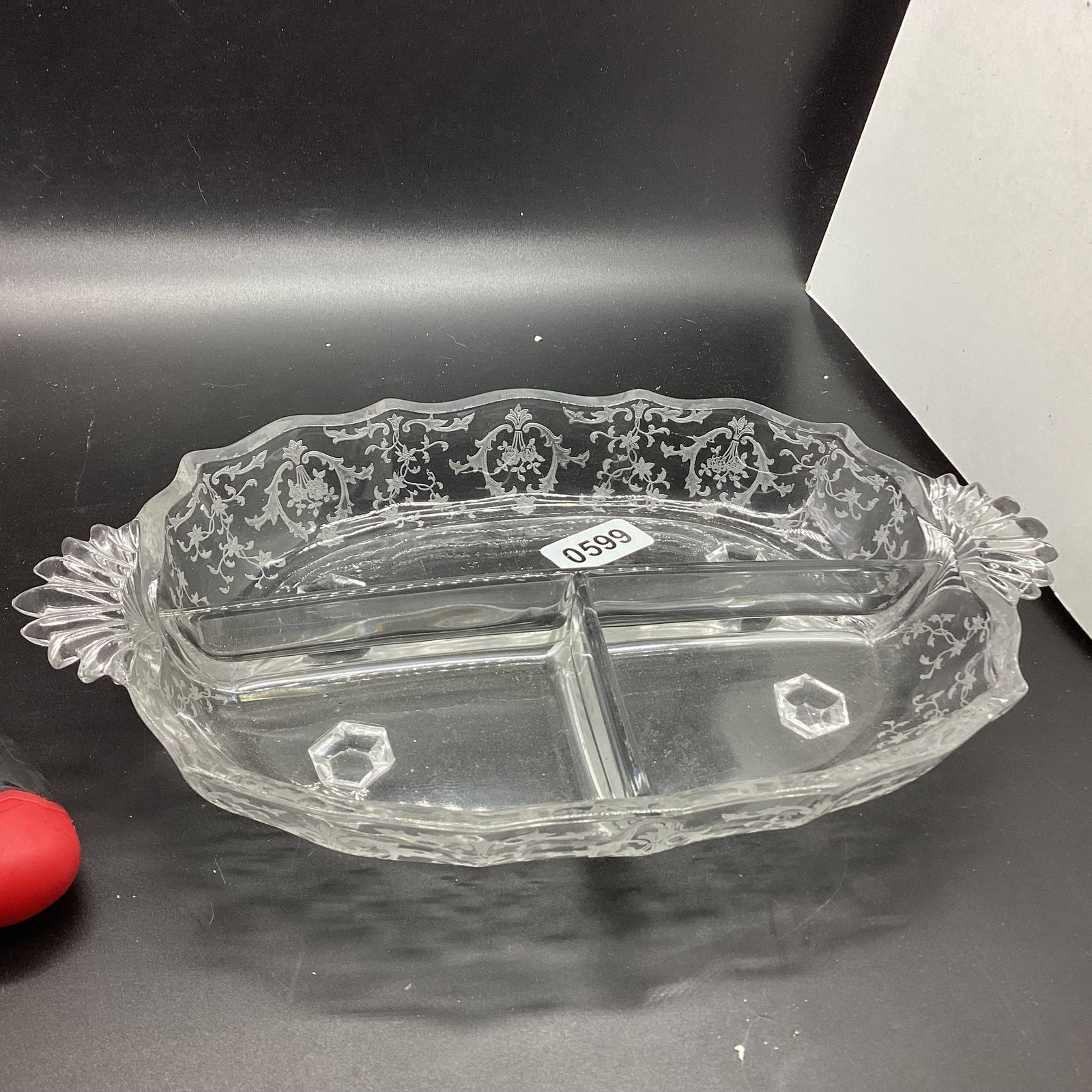 FOSTORIA NAVARE RELISH DISH: 7 1/2 X 12 GOOD SHAPE