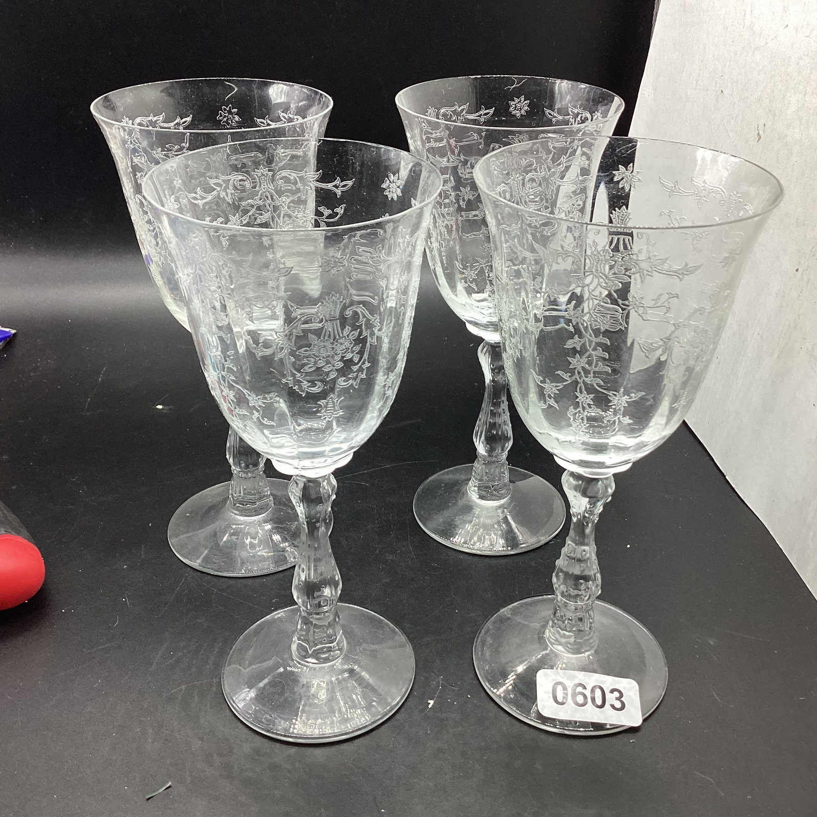 4 FOSTORIA NAVARE WINE GOBLETS: 7 1/2" TALL GOOD SHAPE