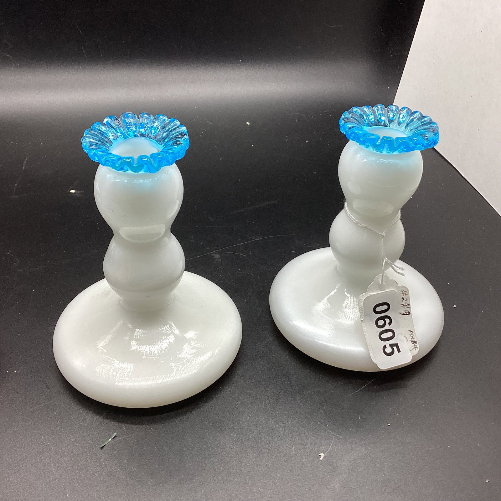 PAIR FENTON AQUA QUEST CANDLE HOLDER: 4 3/4" TALL GOOD SHAPE