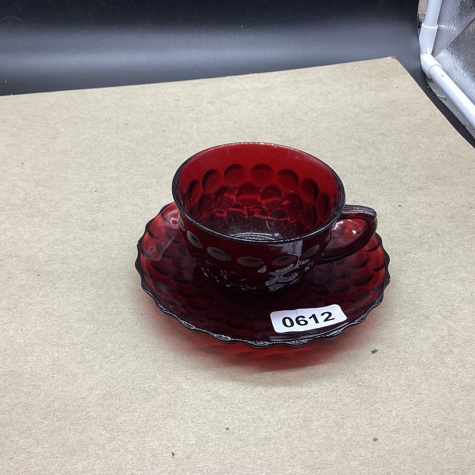 DEPRESSION RED BUBBLE CUP & SAUCER: GOOD SHAPE