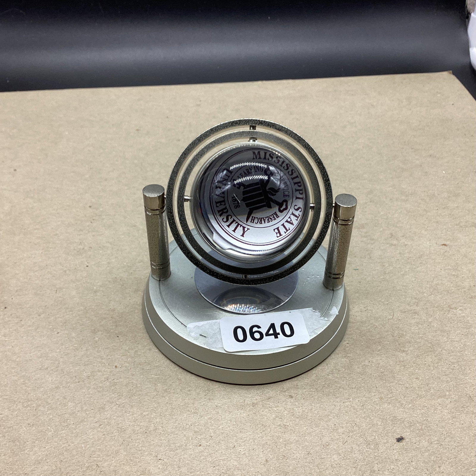 CELESTIAL SILVER QUARTZ DESK CLOCK W/MSU LOGO: 3 1/2 X 4 GOOD SHAPE