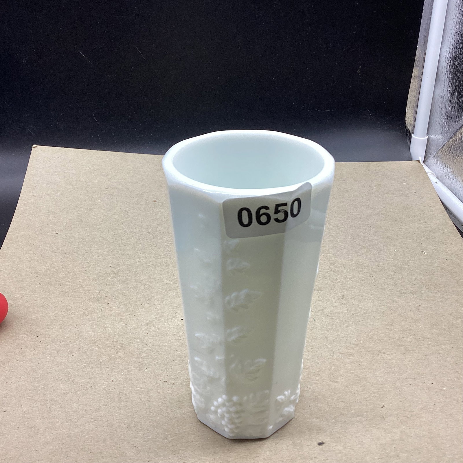 VINTAGE WESTMORLAND MILK GLASS PANELED GRAPE TEA GLASS: 7" TALL GOOD SHAPE