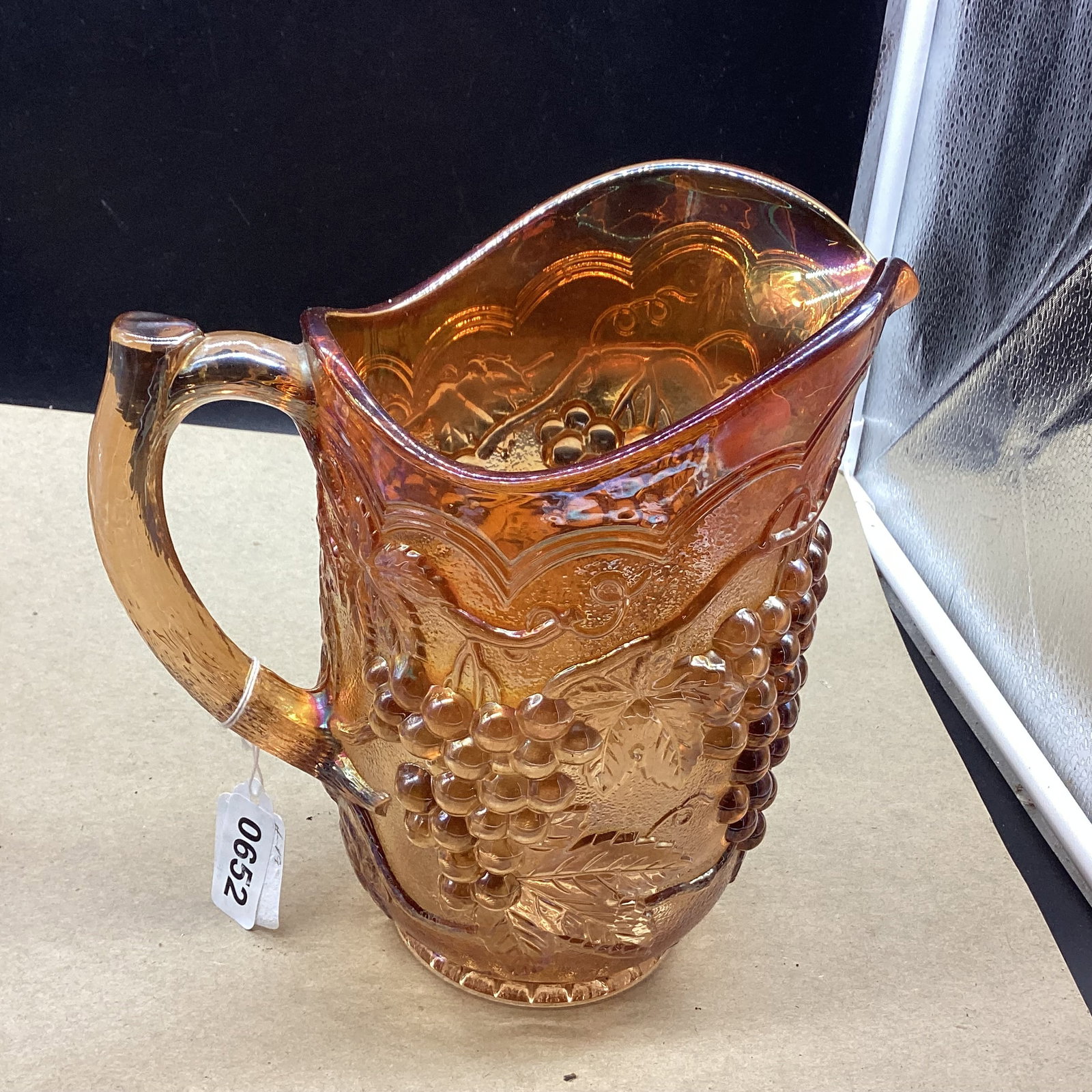 IMPERIAL GLASS CARNIVAL HARVEST GRAPE PATTERN PITCHER: 8 3/4" TALL GOOD SHAPE
