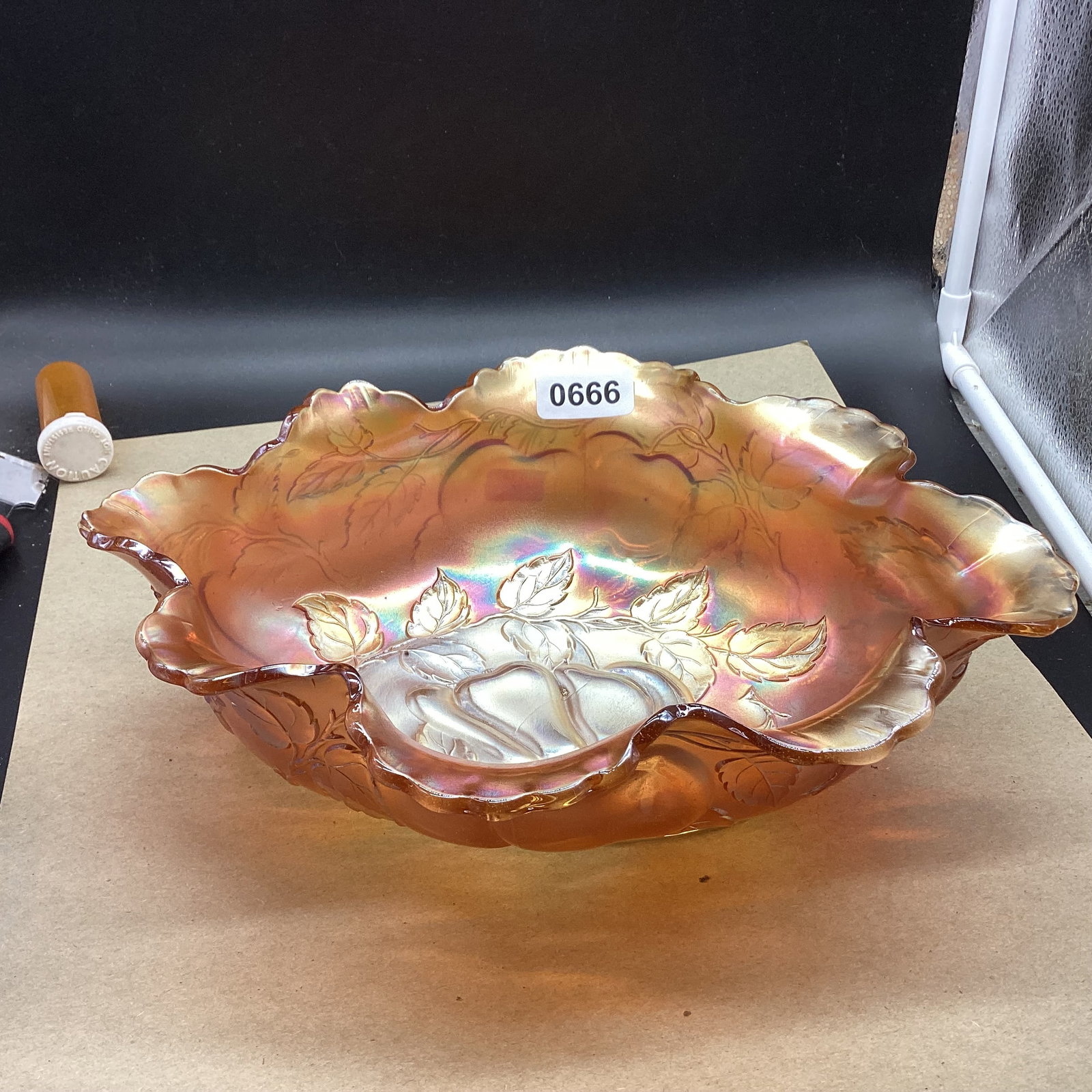 DUGAN PEACH & PEAR OVAL VEGETABLE CARNIVAL GLASS BOWL: 3 3/4 X 10 X 12 1/2 GOOD SHAPE