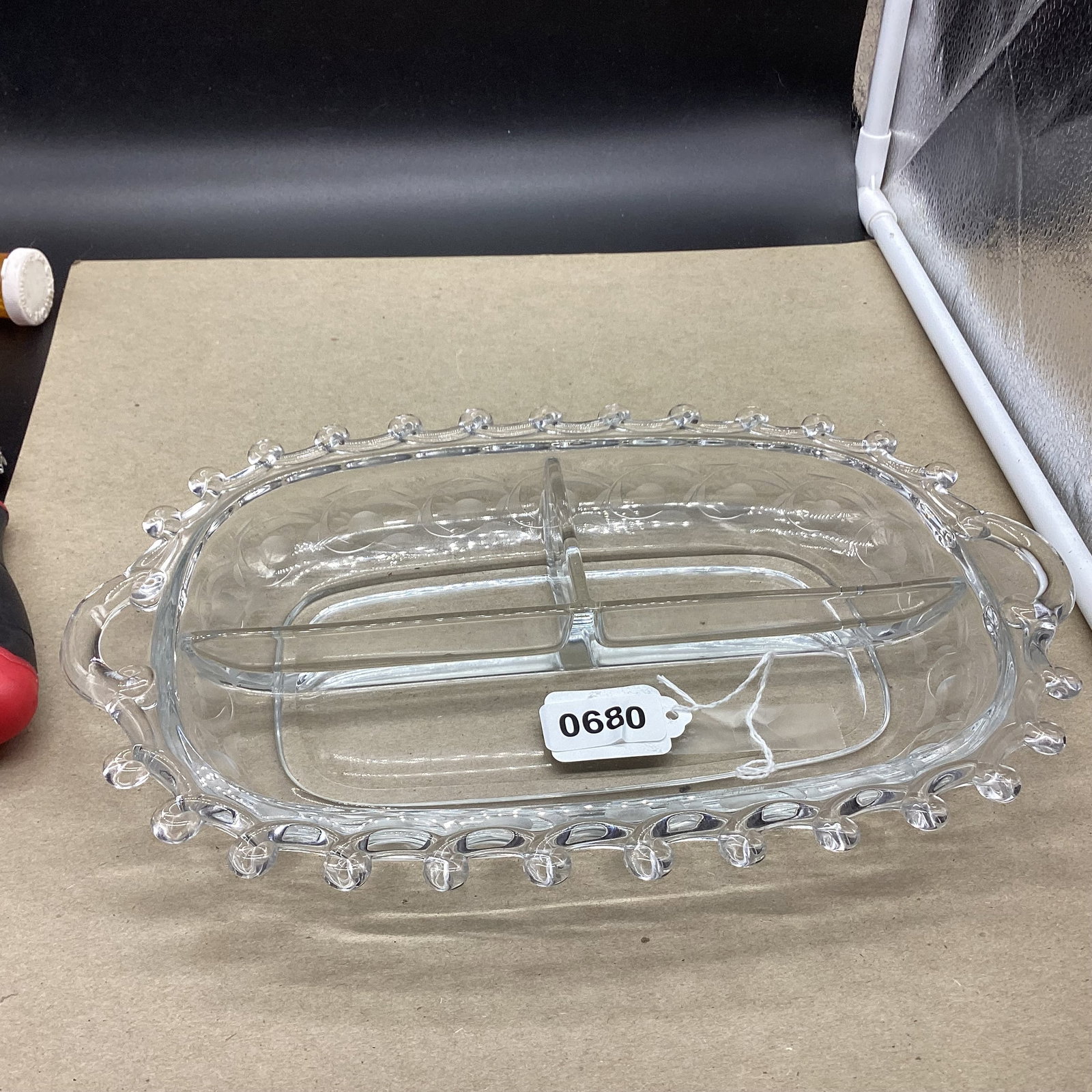HEISEY LARRIAT MOONGLO RELISH DISH: 8 X 12 GOOD SHAPE