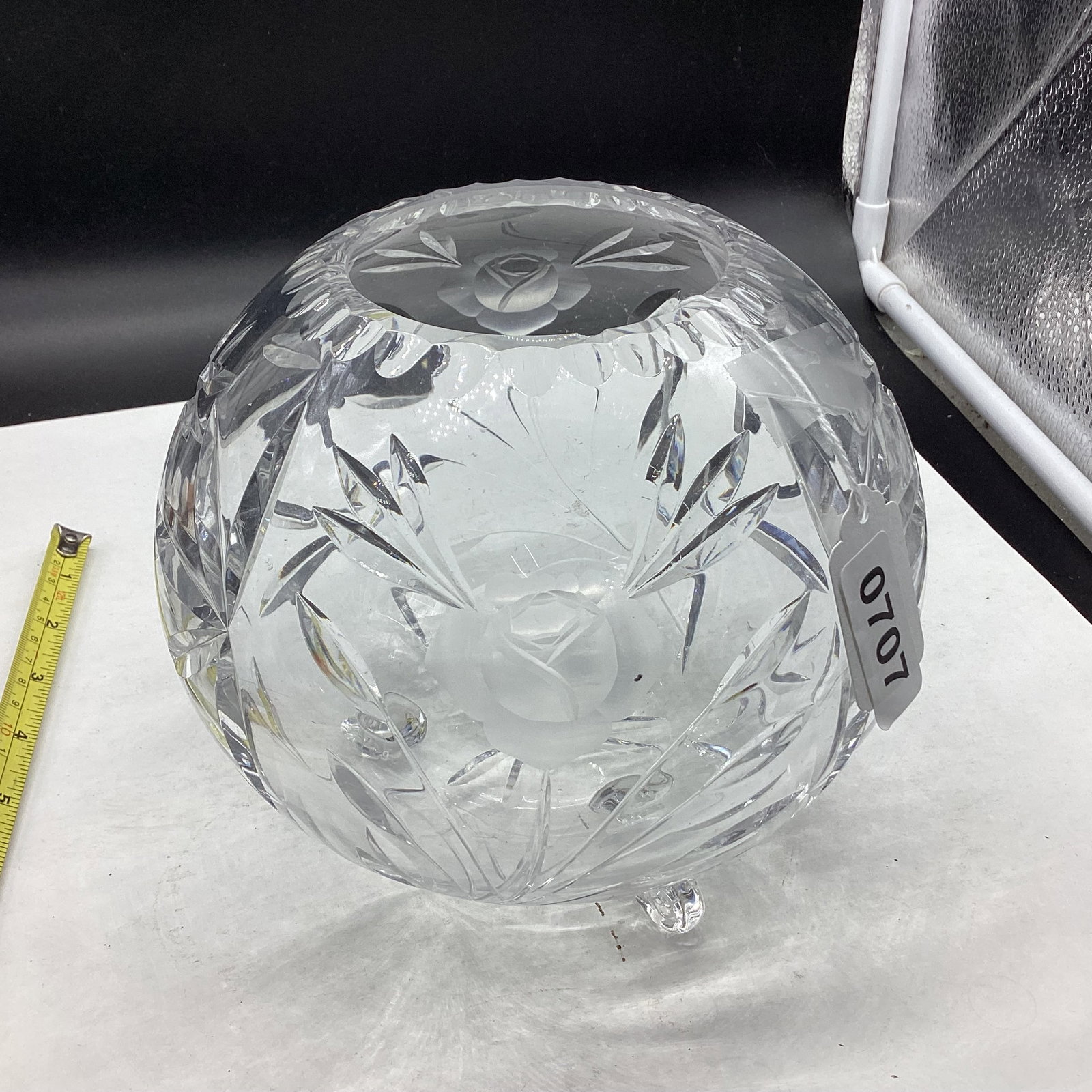 FLOWER CUT GLASS ROSE BOWL W/3 FEET: 6 1/2" TALL GOOD SHAPE