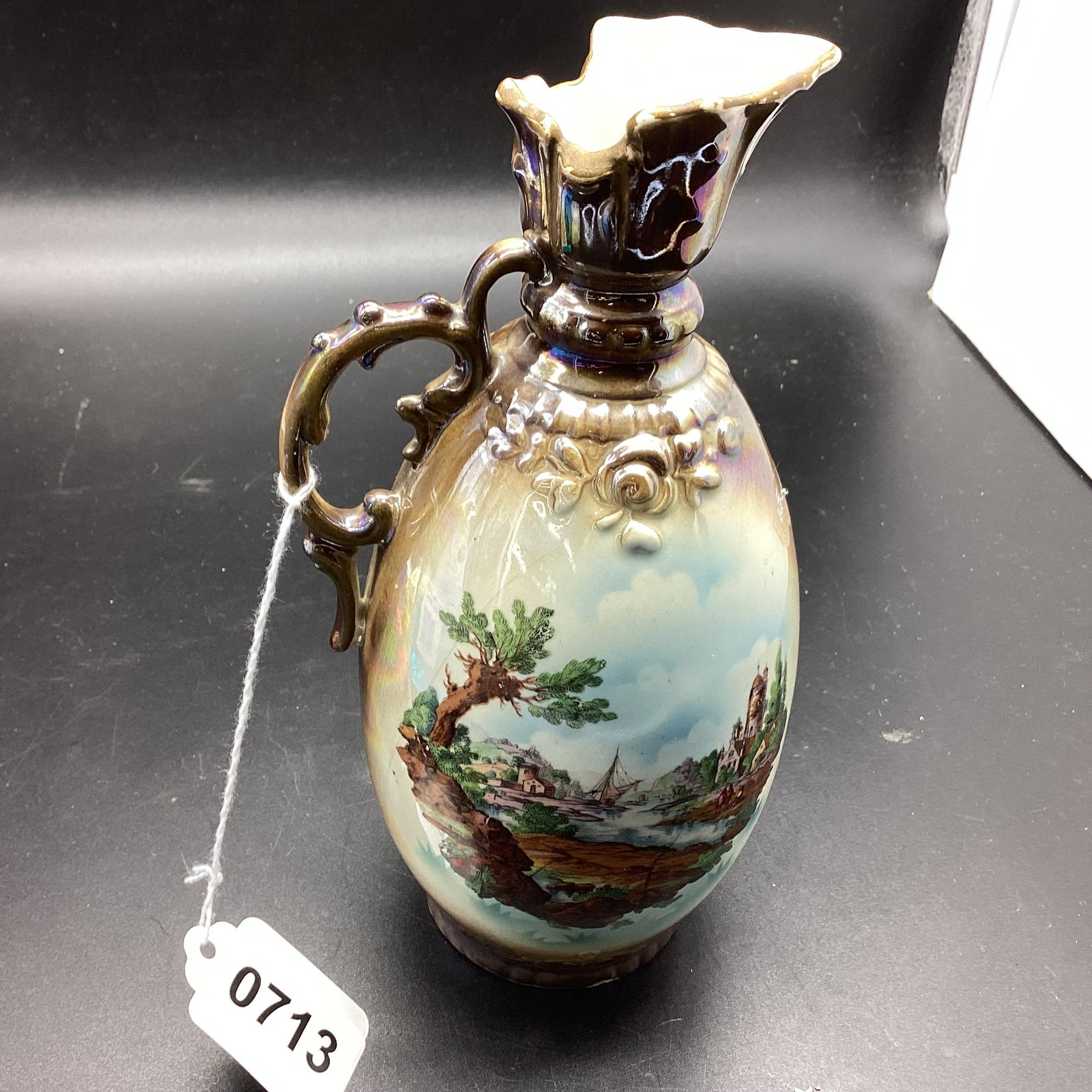 HAND PAINTED PORCELIAN EWER MADE IN CHEZ.: 8" TALL GOOD SHAPE