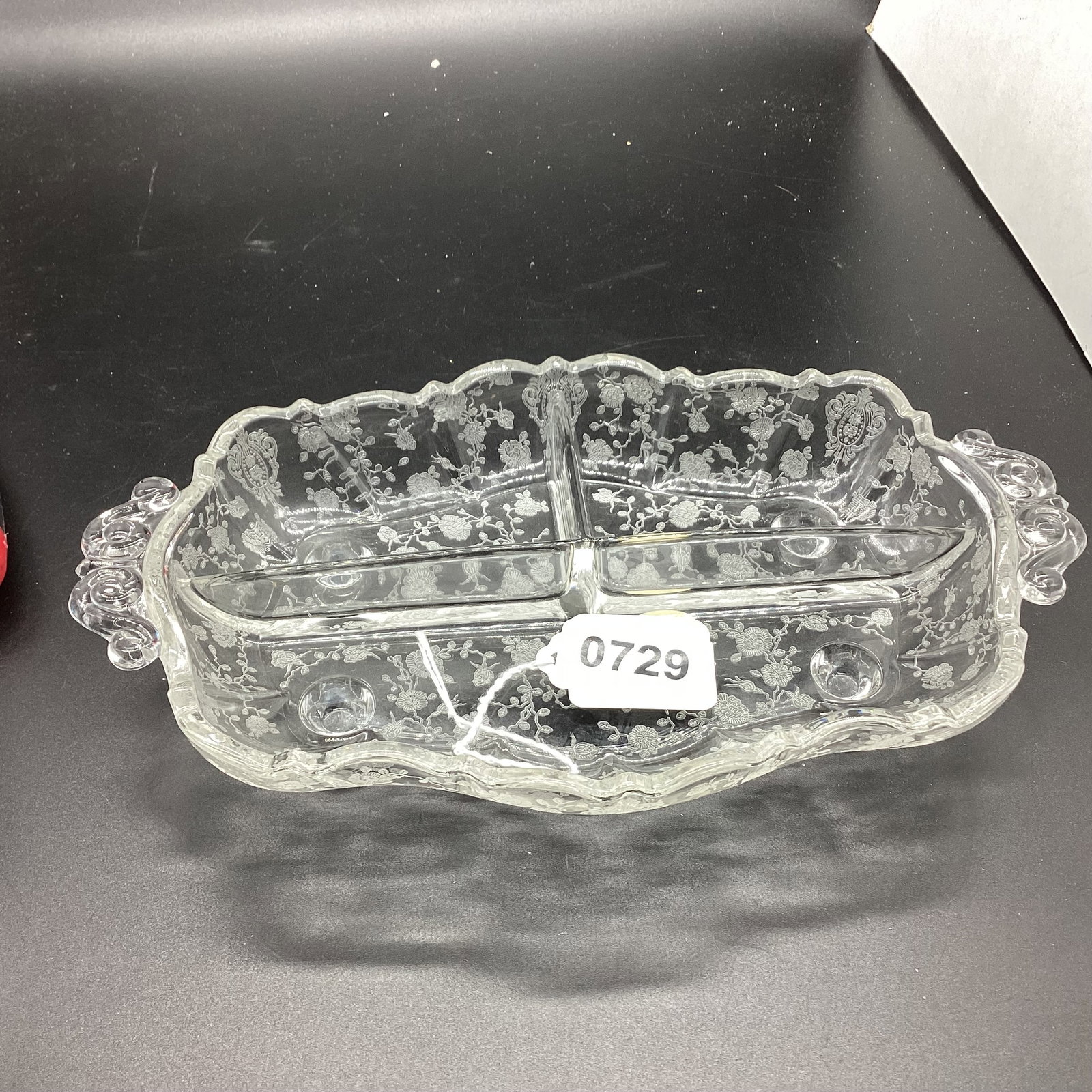 CAMBRIDGE ROSE POINT 3 PART RELISH DISH: 5 3/4 X 9 GOOD SHAPE