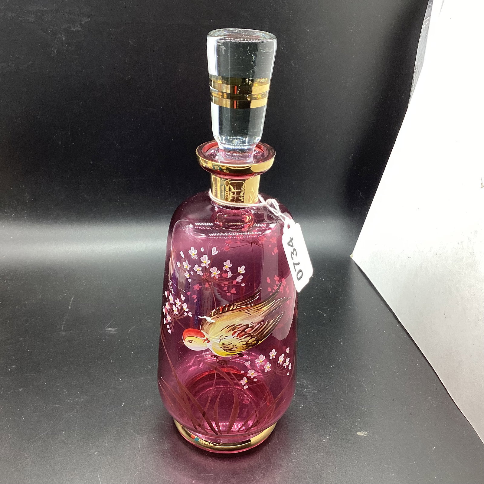 HAND PAINTED ENAMEL W/GOLD TRIM CRANBERRY DECANTER: GOOD SHAPE