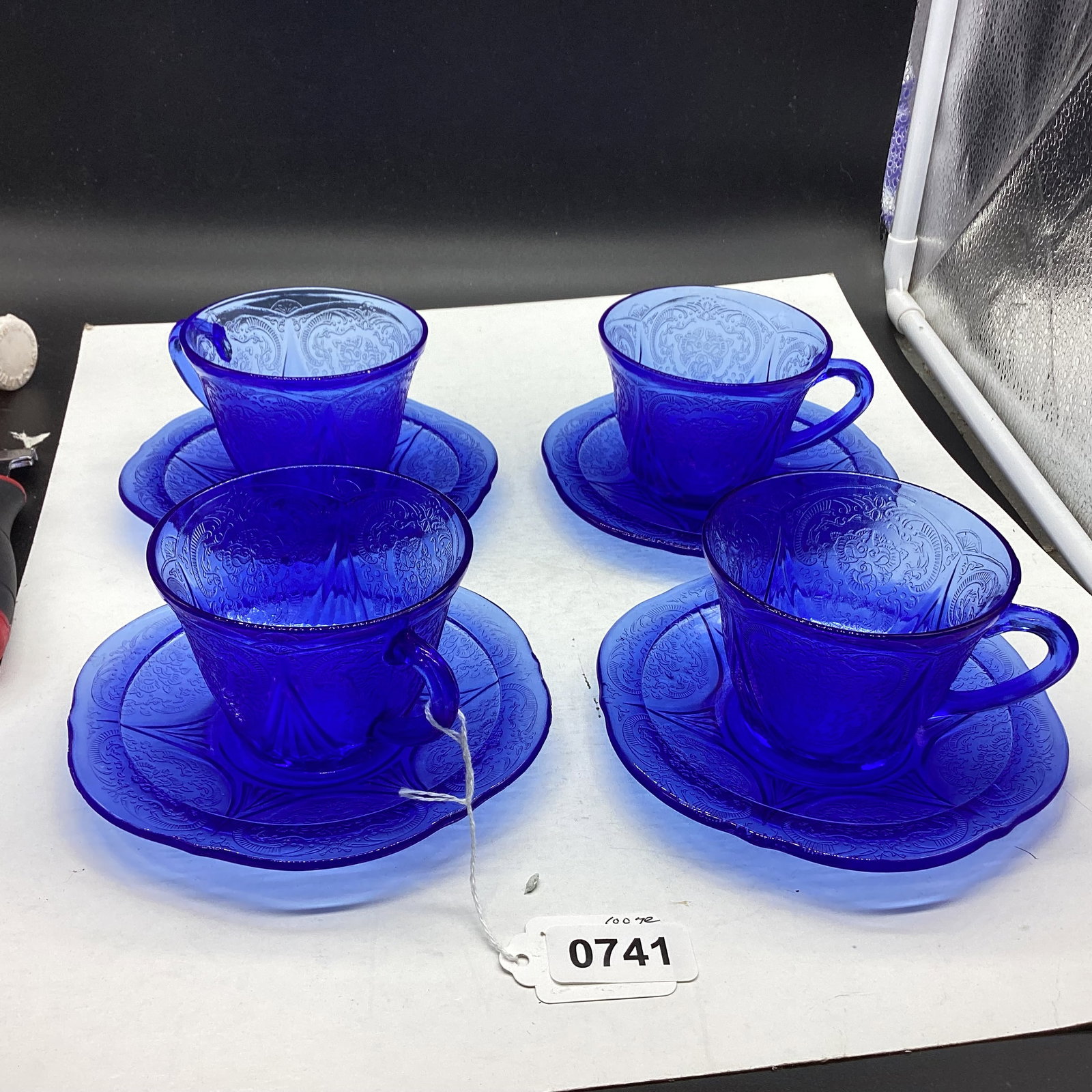 4 DEPRESSION BLUE ROYAL LACE CUP & SAUCERS: GOOD SHAPE