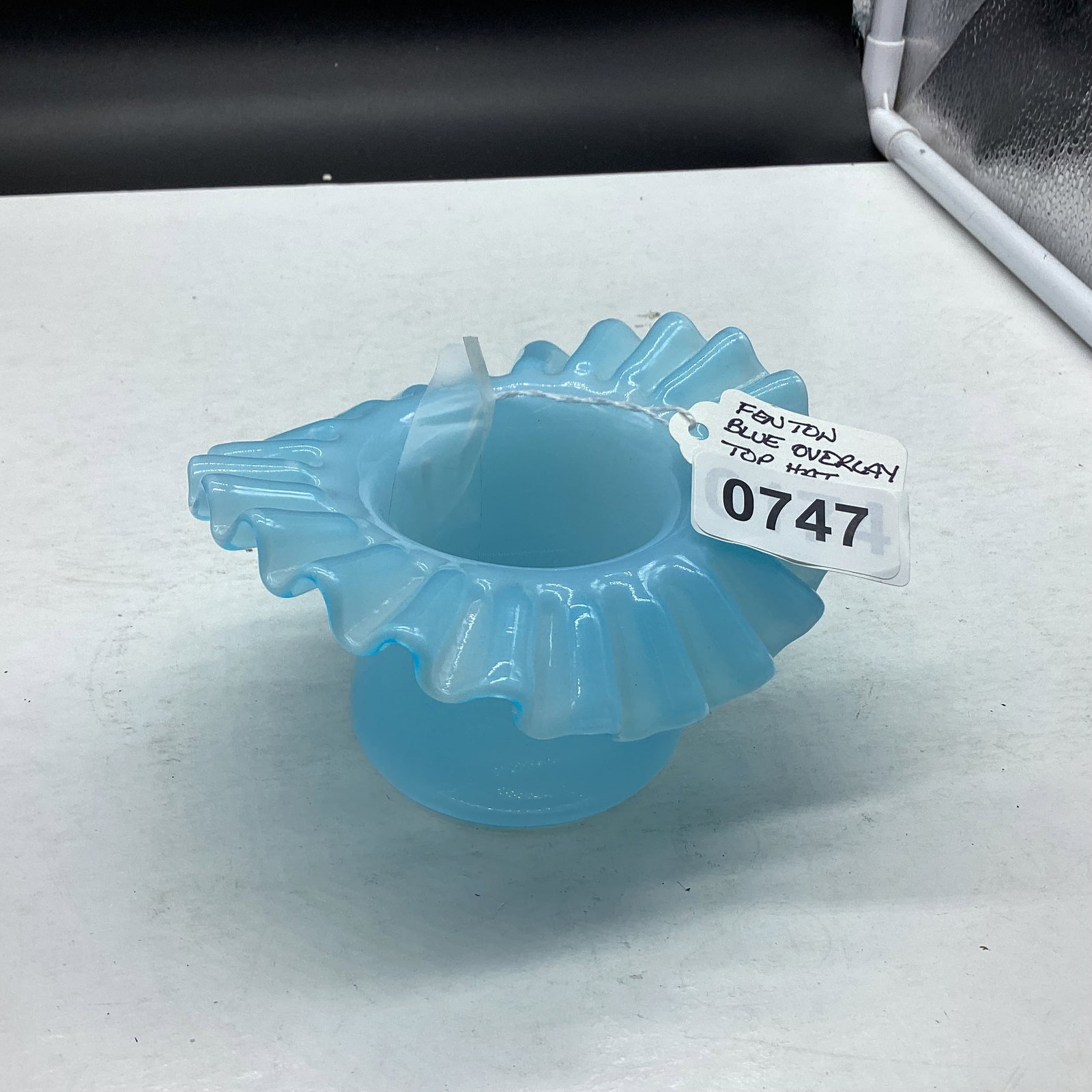 FENTON BLUE OVERLAY TOP HAT: 2 3/4 X 4 1/2 GOOD SHAPE
