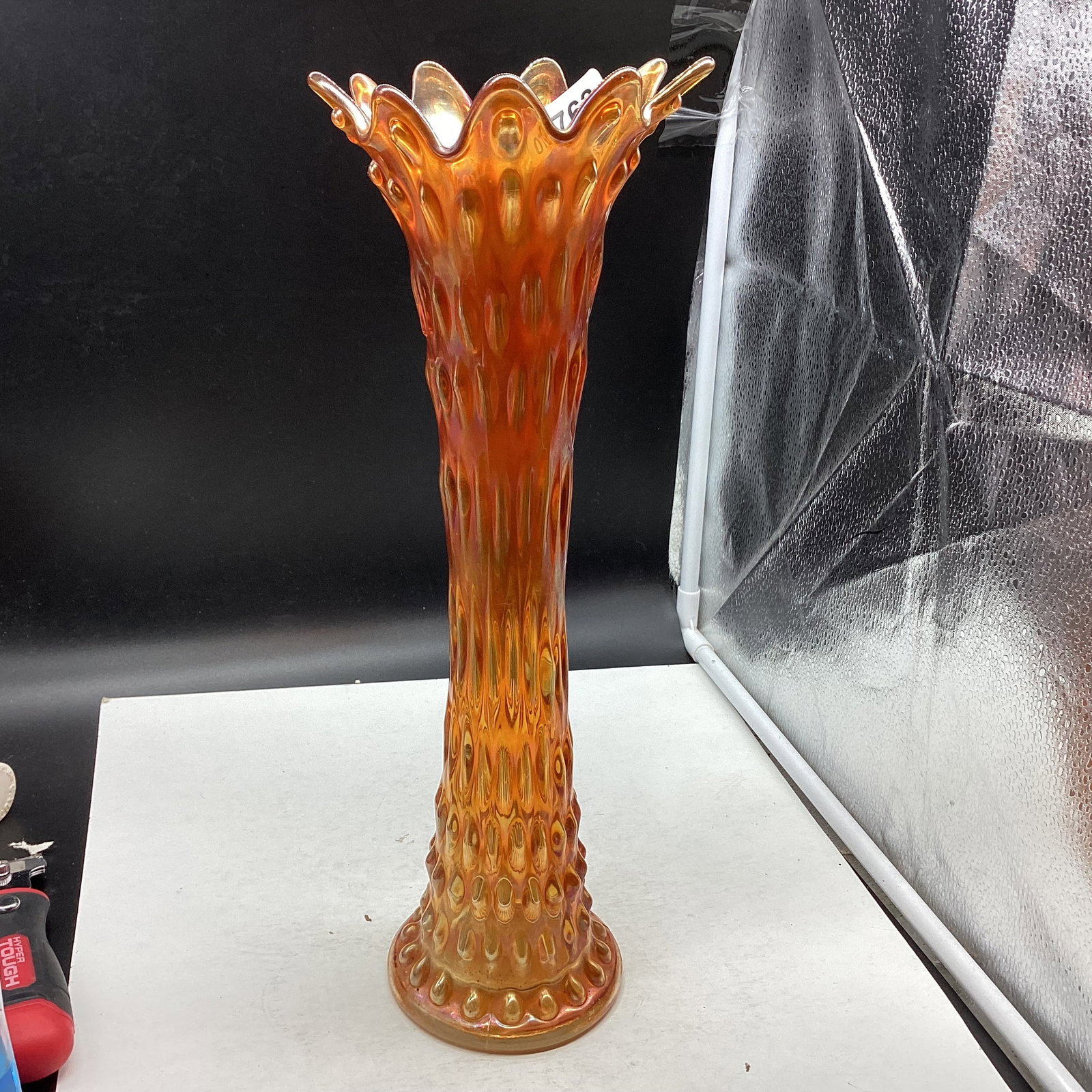 FENTON RUSTIC IRIDESCENT CARNIVAL GLASS VASE: 15 1/4" TALL GOOD SHAPE