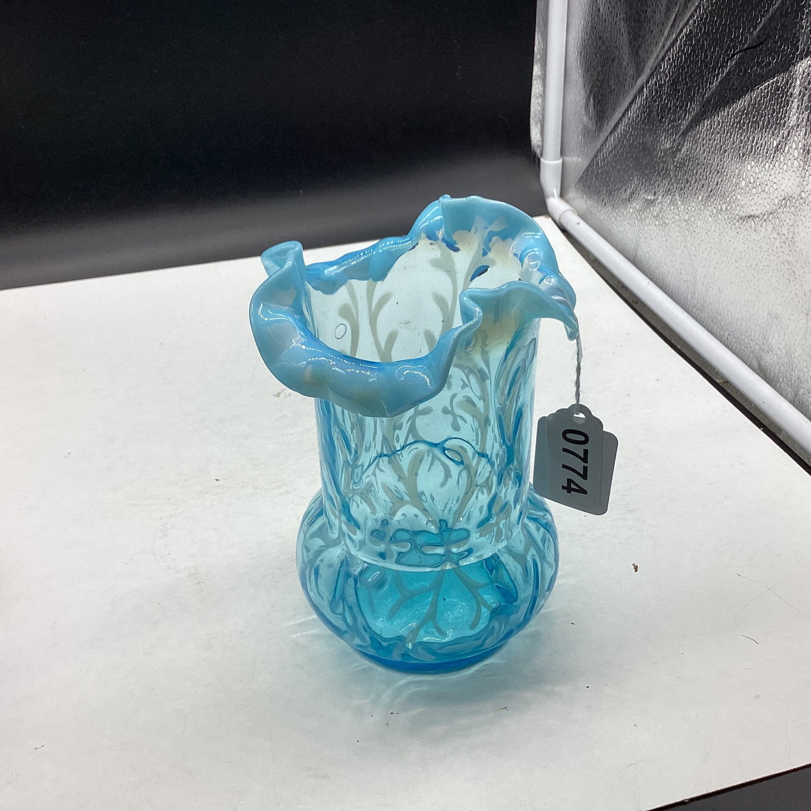 BLUE OPALESCENT NORTHWOOD SPANISH LACE VASE (1 of 2)