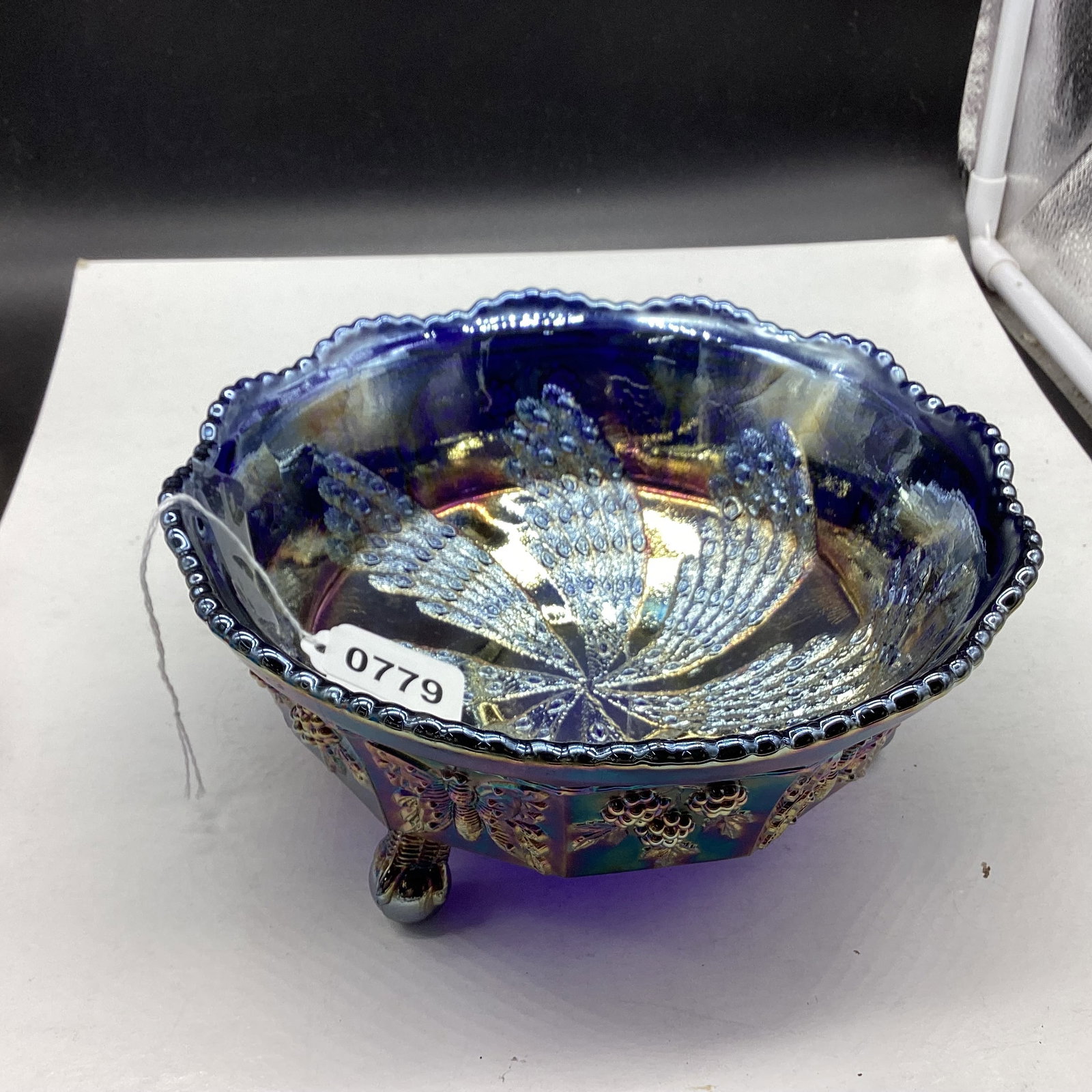 FENTON FAN TAIL PATTERN ON INSIDEAND OUITSIDE BUTTERFLY & BERRY FOOTED BOWL: 3 1/4 X 8 GOOD SHAPE