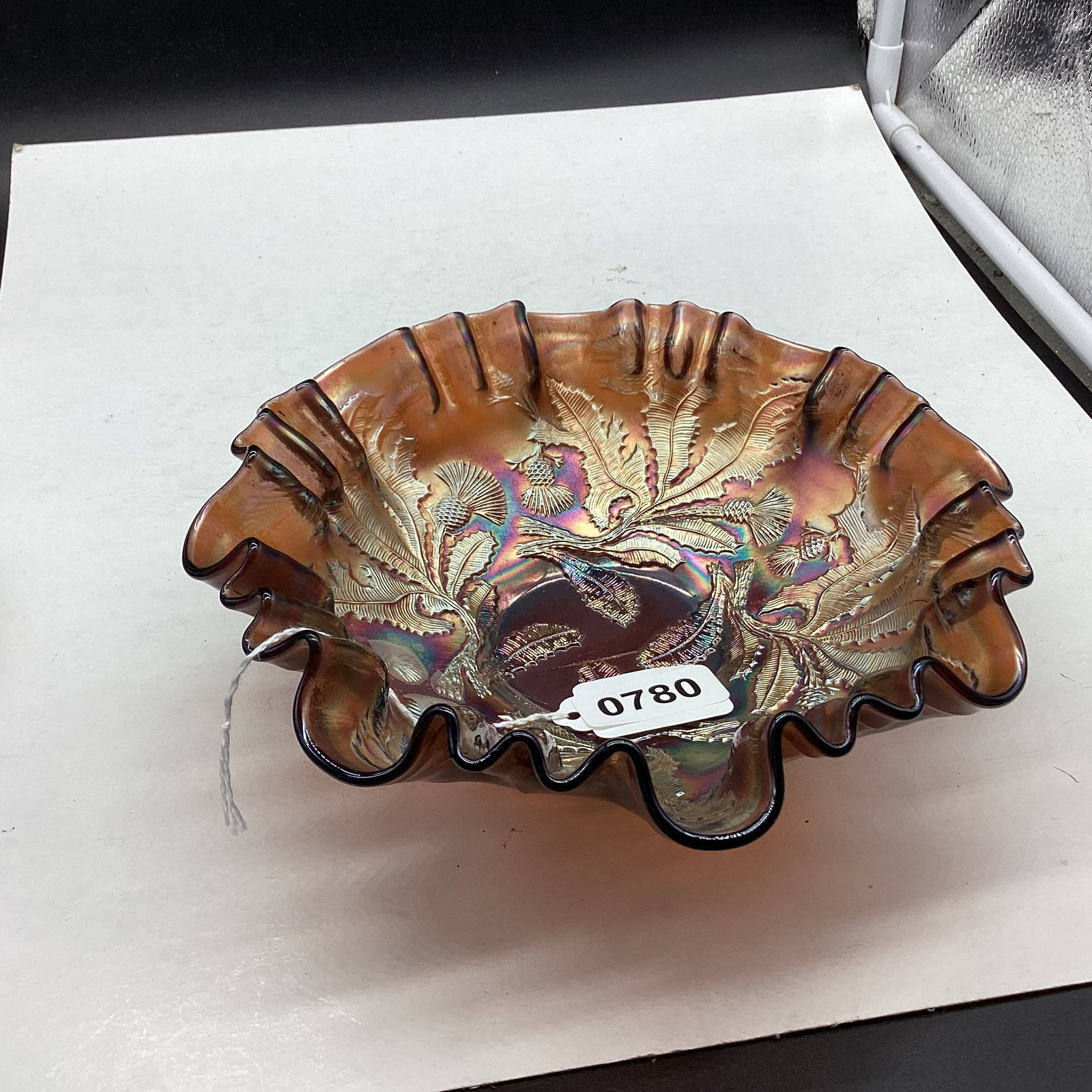 FENTON THISTLE PATTERN FOOTED CARNIVAL BOWL: 2 3/4 X 8 1/2 GOOD SHAPE