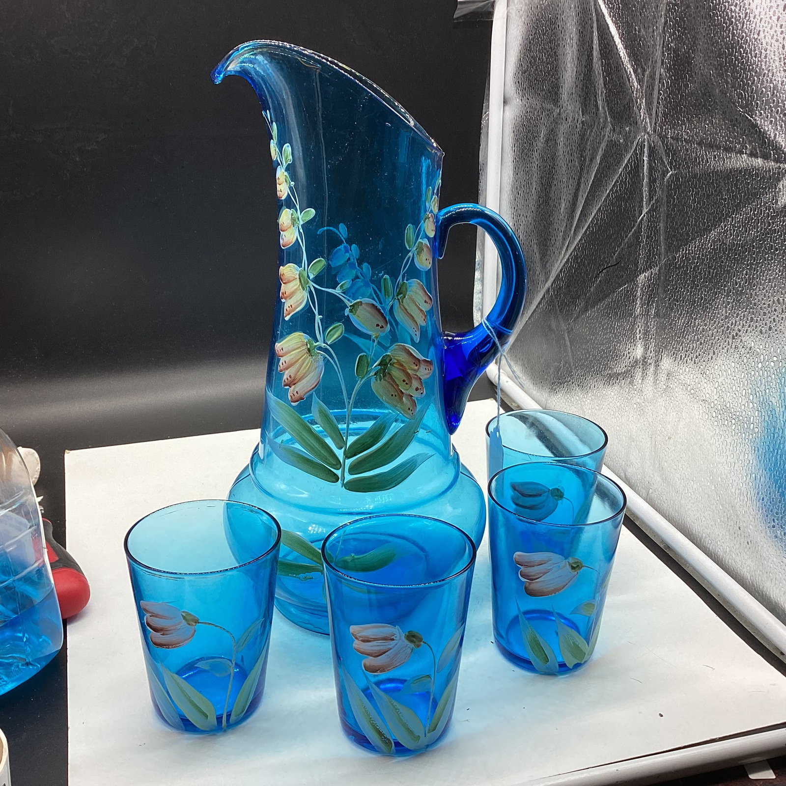 HAND PAINTED ENAMEL W/FLORAL DECORATION BY NORTHWOOD PITCHER & GLASSES: 13" TALL GOOD SHAPE