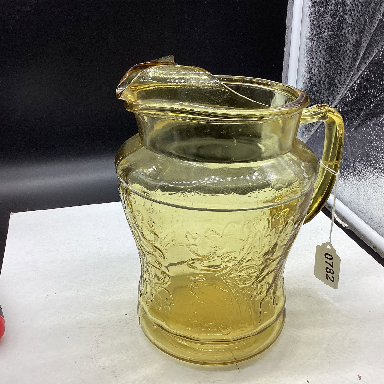VINTAGE DEPRESSION MADRID PATTERN PITCHER: 9" TALL GOOD SHAPE