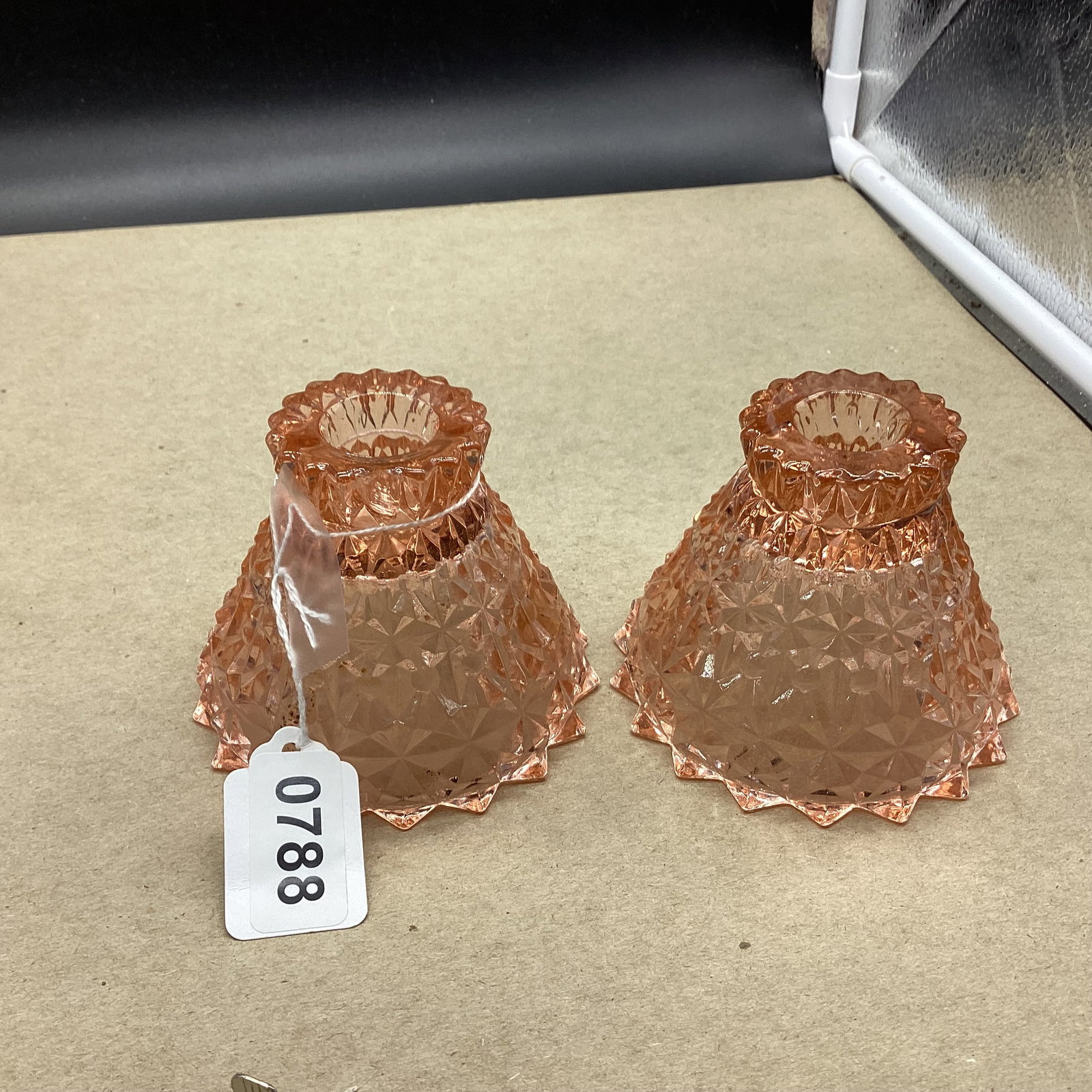 PAIR DEPRESSION BUTTON & BOWS OR HOLIDAY PATTERN CANDLE STICKS: 3" TALL GOOD SHAPE